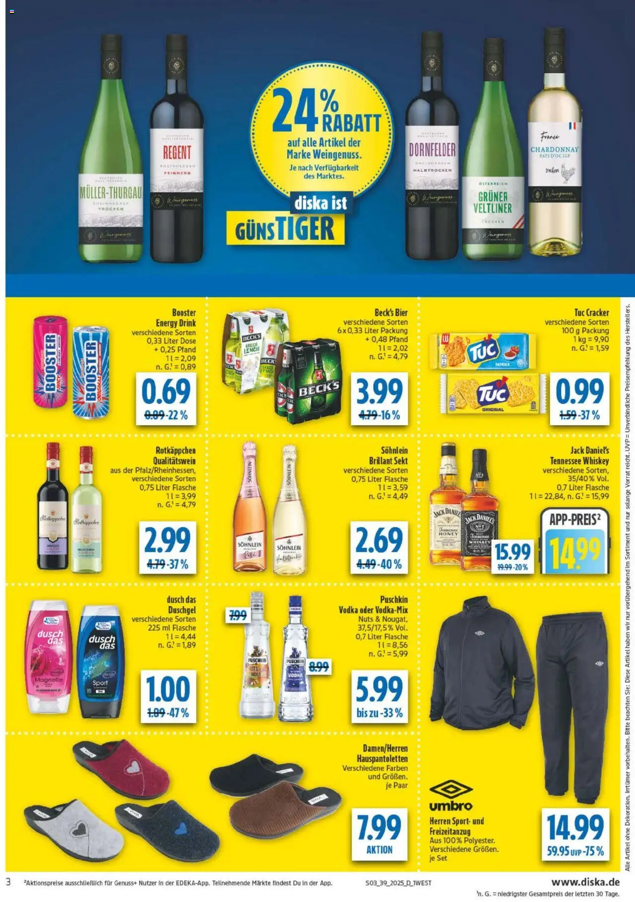Diska - diska Angebote Bayern KW39 – gültig ab 22.09.2025 | Seite: 3 | Produkte: Sekt, Jack Daniel's, Duschgel, Vodka