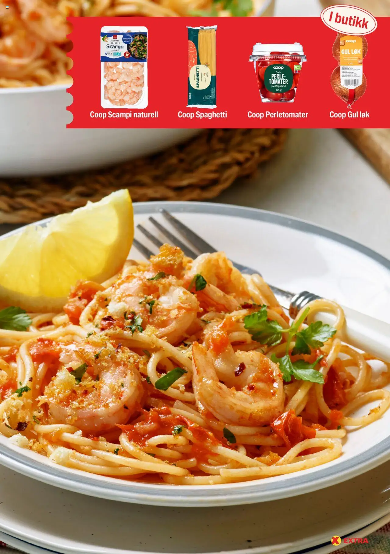 {H1} | Side: 15 | Produkter: Tomater, Løk, Тарілка, Scampi