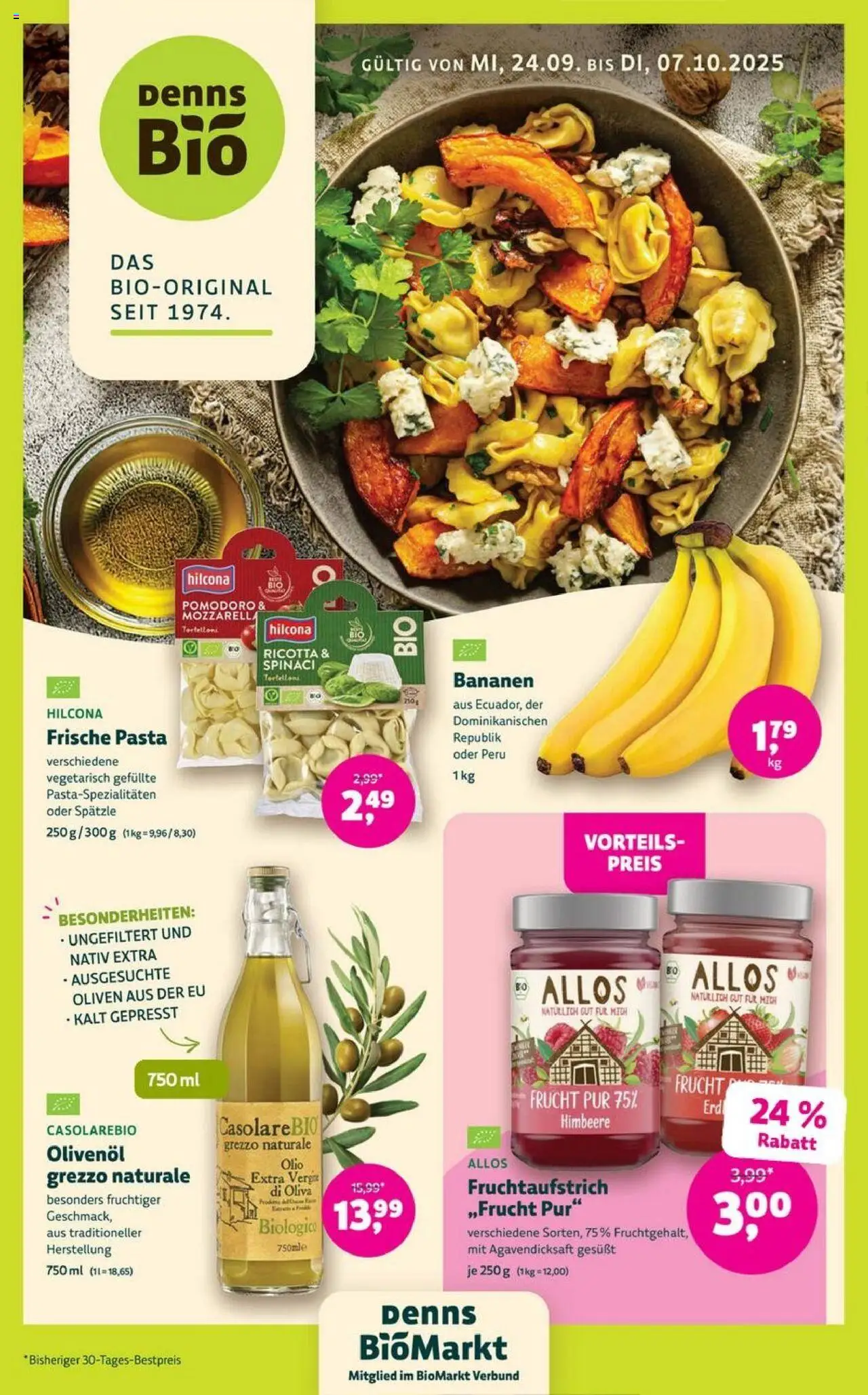 Denns BioMarkt Angebote – gültig ab 24.09.2025 | Seite: 1 | Produkte: Olivenol, Bananen, Himbeere, Pasta