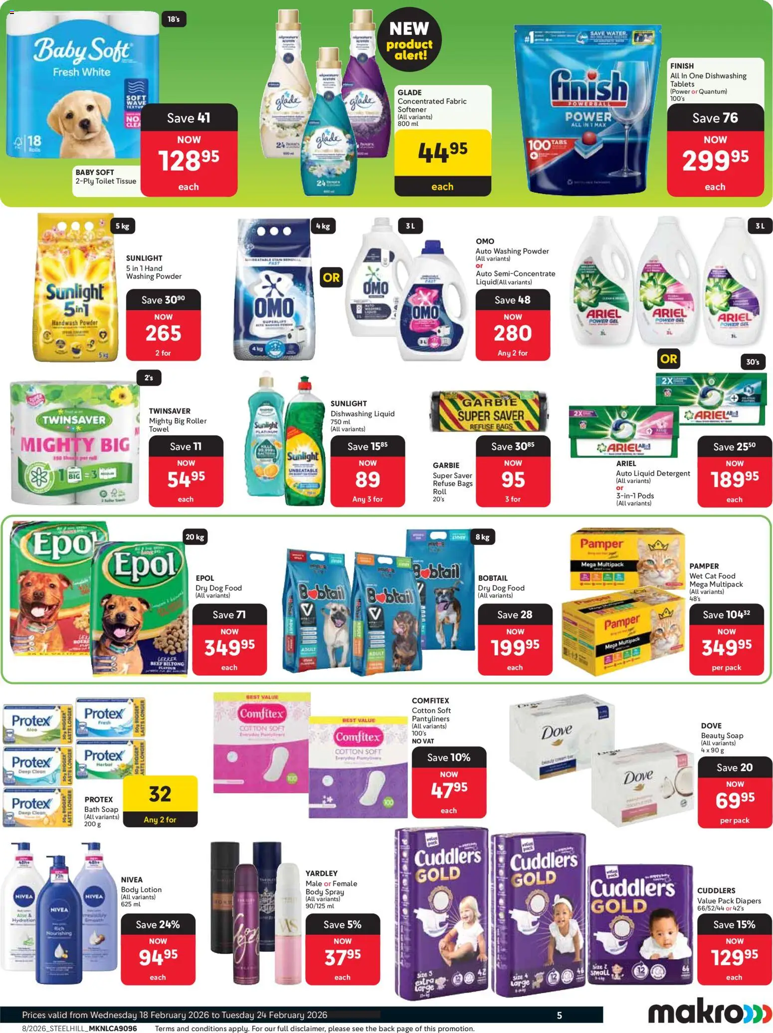 New Makro catalogue – valid from 18.02.2026 | Page: 5 | Products: Towel, Shower gel, Cat food, Dog food