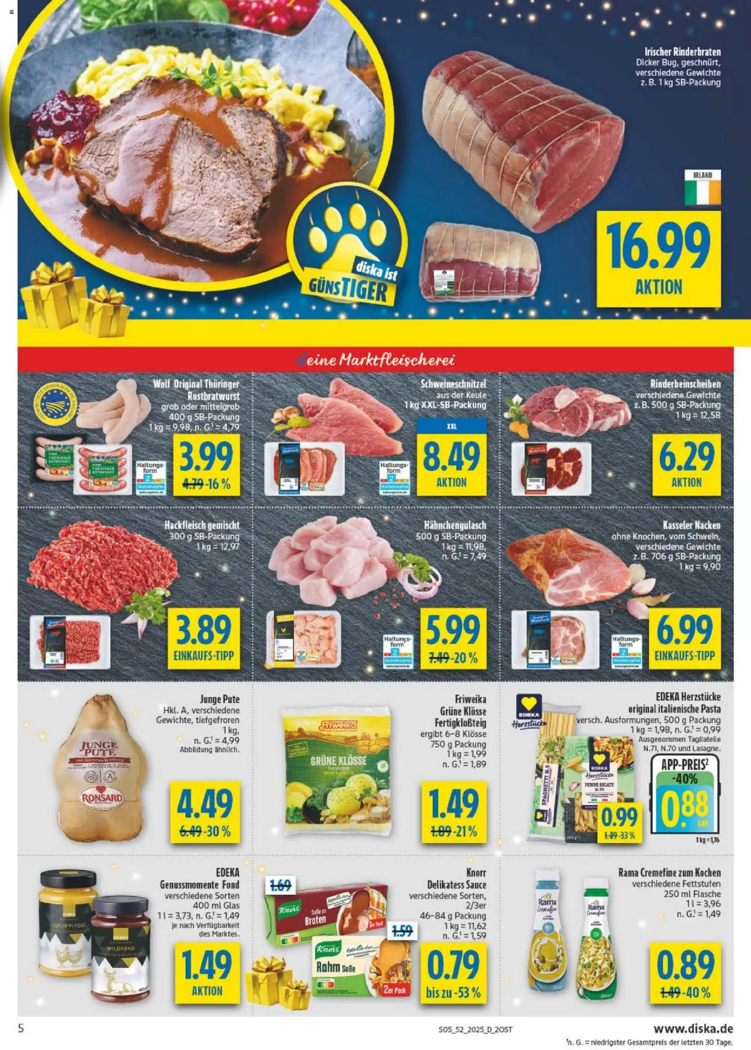 Diska - Diska Angebote Sachsen-Thüringen KW52 – gültig ab 22.12.2025 | Seite: 5 | Produkte: Rinderbraten, Pute, Kasseler nacken, Pasta