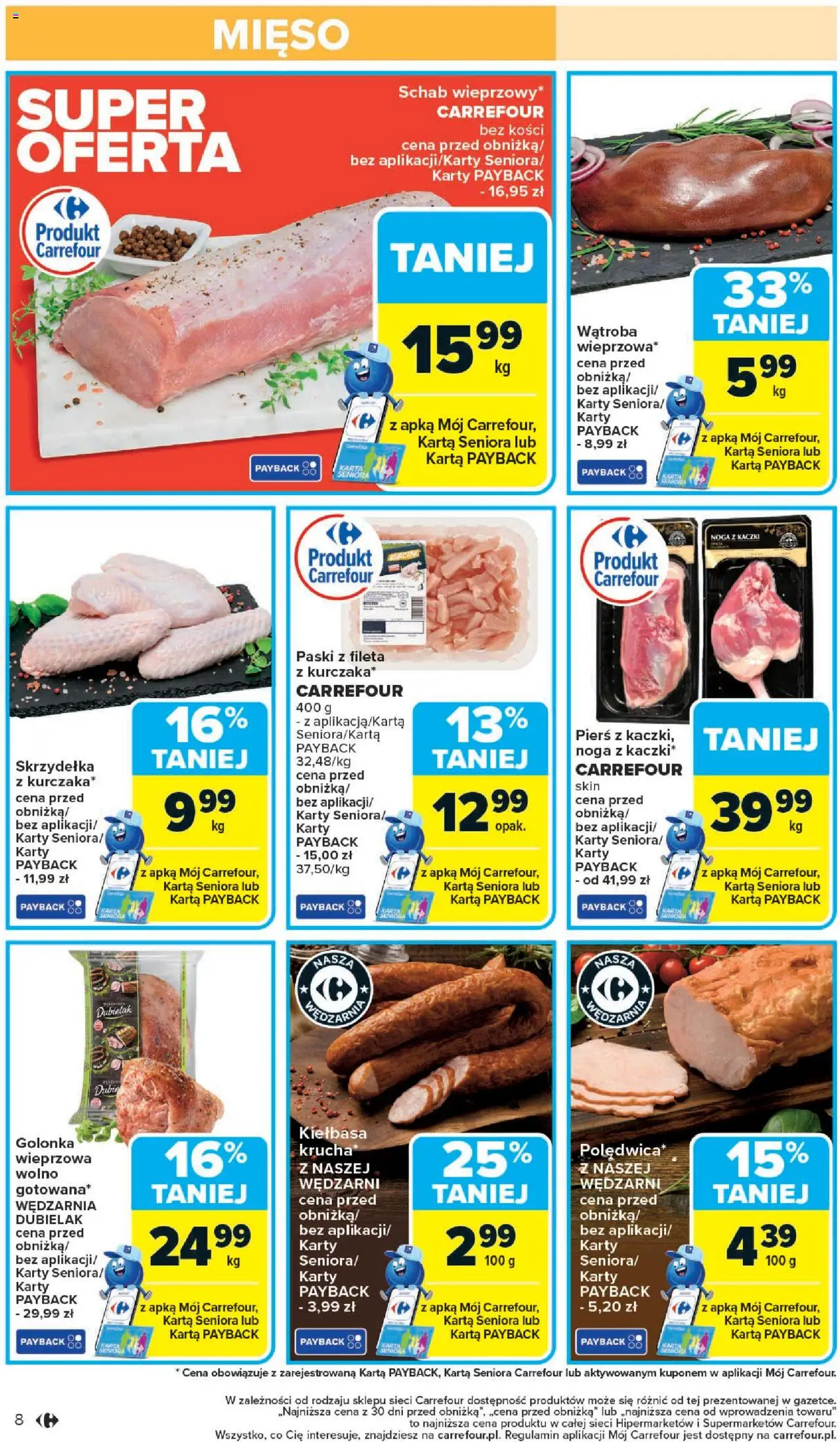 Carrefour Gazetka od 20.10.2025 | Strona: 10 | Produkty: Kiełbasa, Karta, Schab, Noga z kaczki