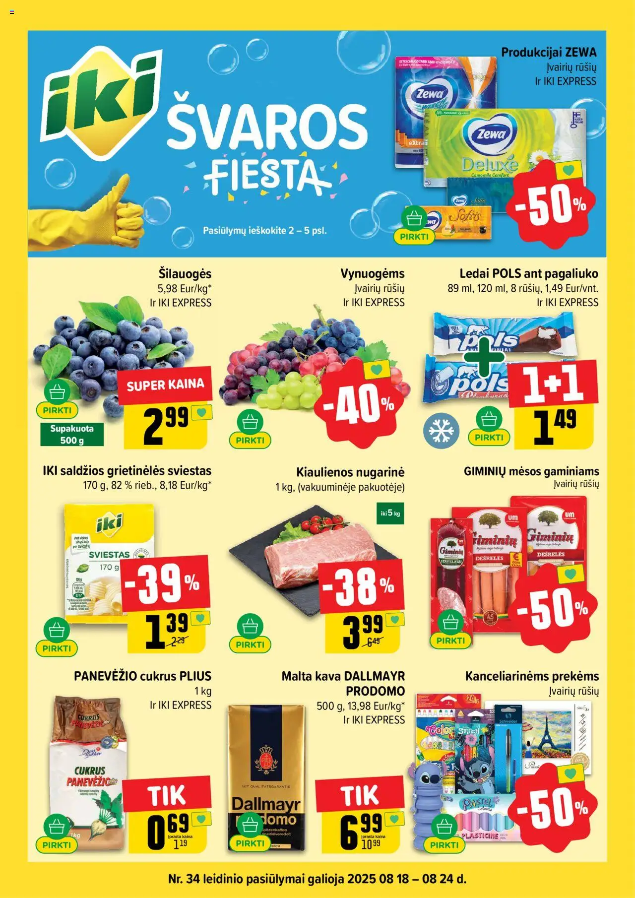 IKI leidinys│galioja nuo 18.08.2025 | Puslapis: 1 | Prekių: Kiaulienos, Šilauogės, Dešrelės, Cukrus
