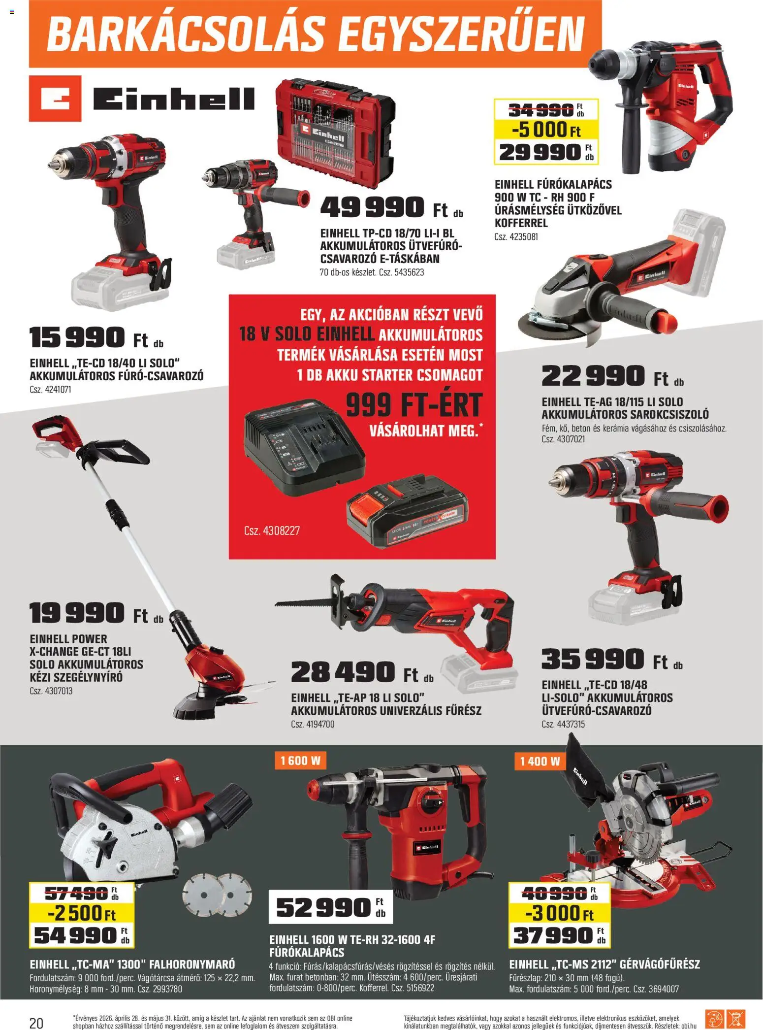 OBI akciós ujság - amely érvényes a következő dátumtól: 28.04.2026 | Oldal: 20 | Termékek: Ütvefúró, Fúrókalapács, Beton, Sarokcsiszoló