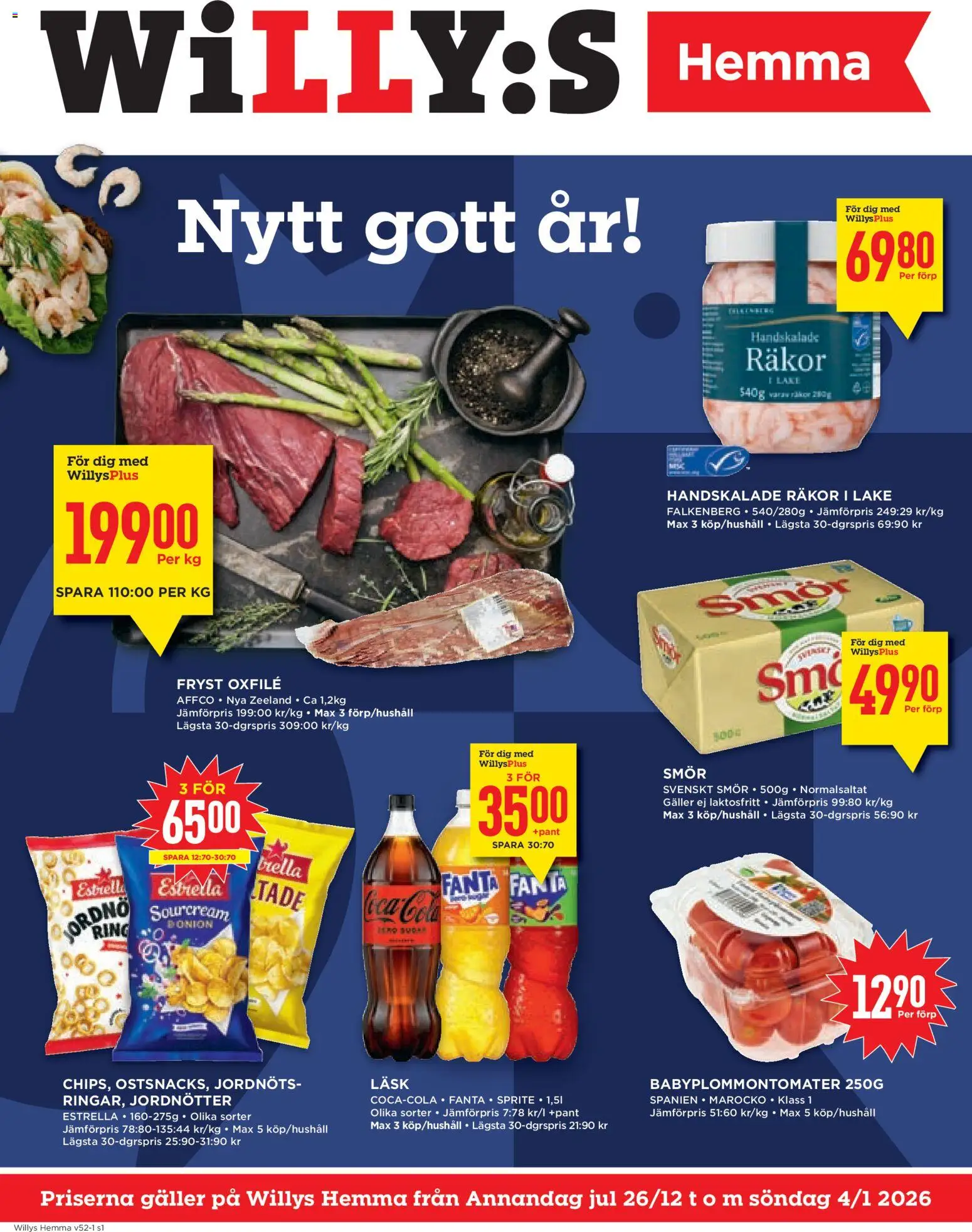 Willys reklamblad aktuell från 26.12.2025 | Sida: 1 | Produkter: Jordnötter, Galler, Fanta, Smör