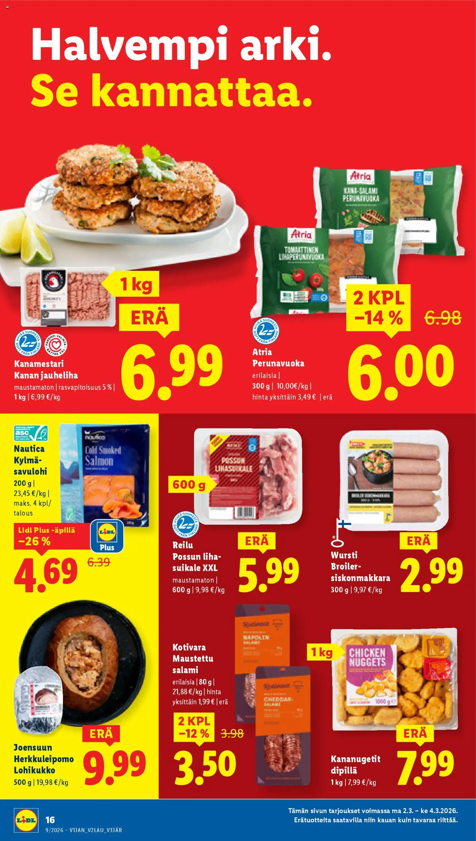 Lidl tarjoukset - Tampere – voimassa 26.02.2026 alkaen | Sivu: 22 | Tuotteet: Jauheliha, Kana, Savulohi, Salami
