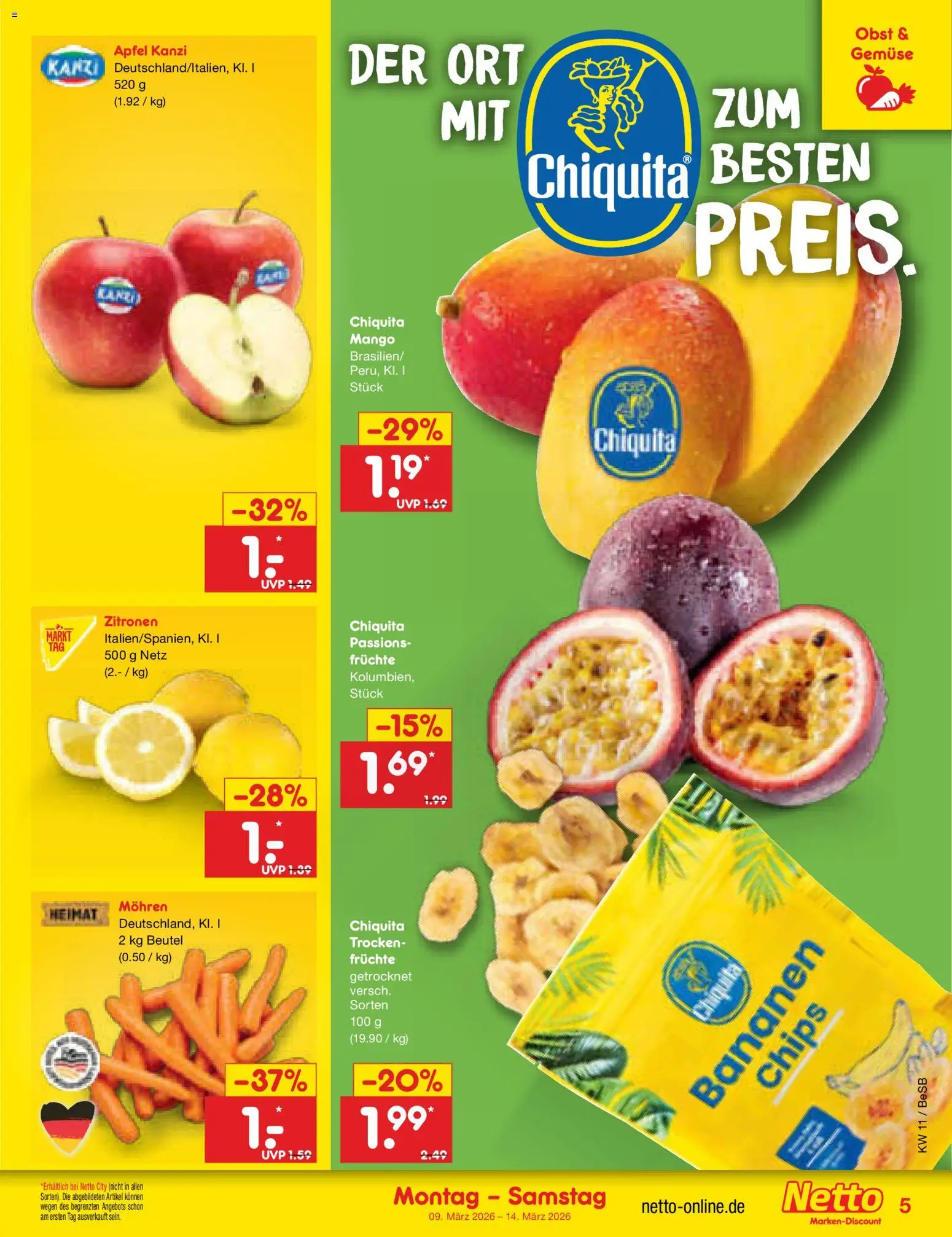 Netto Marken-Discount Prospekt 	 – gültig ab 09.03.2026 | Seite: 5 | Produkte: Äpfel, Bananen, Mohren, Zitronen