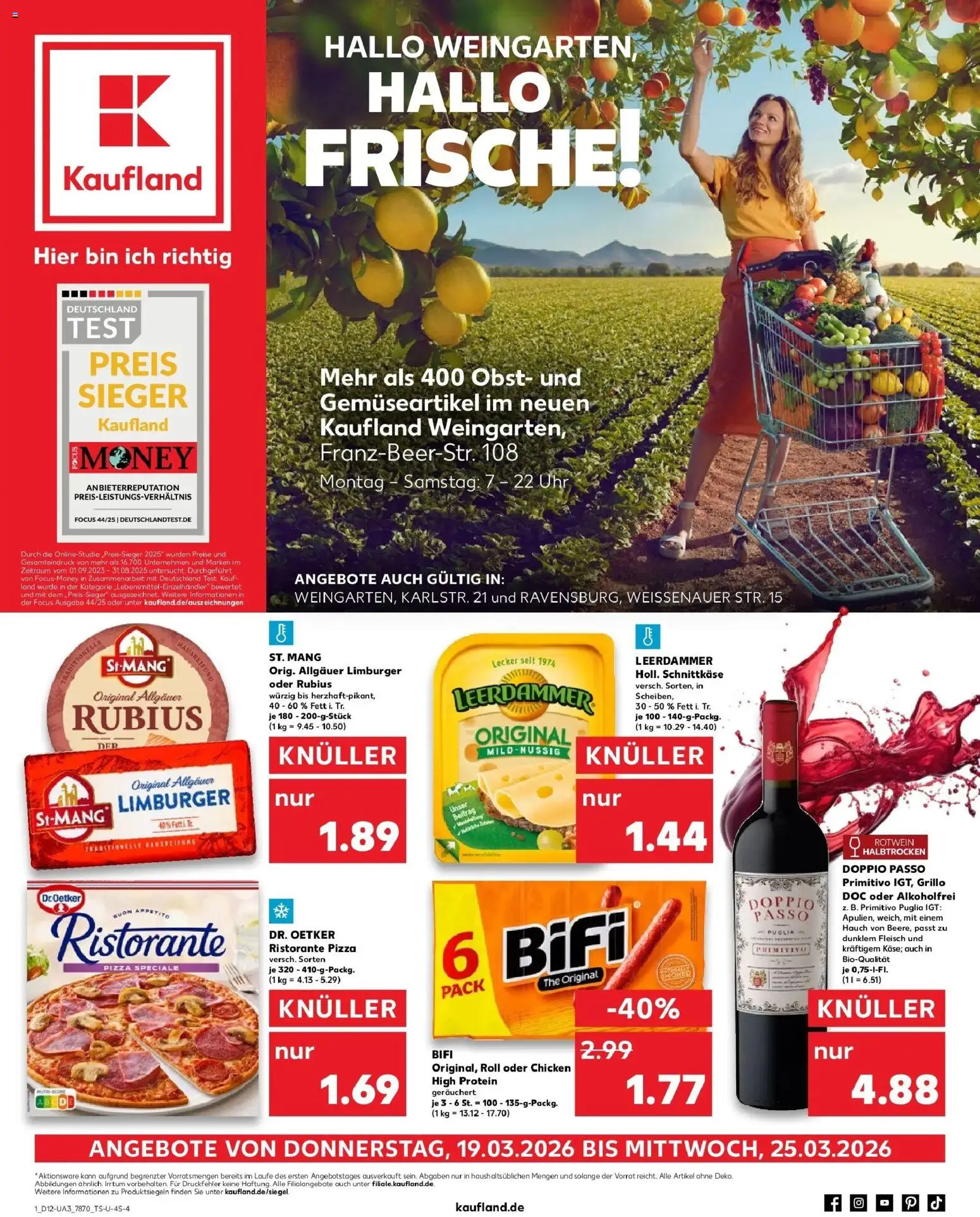 Kaufland Prospekt Weingarten	 – gültig ab 19.03.2026 | Seite: 1 | Produkte: Ristorante, Leerdammer, Obst, Doppio Passo