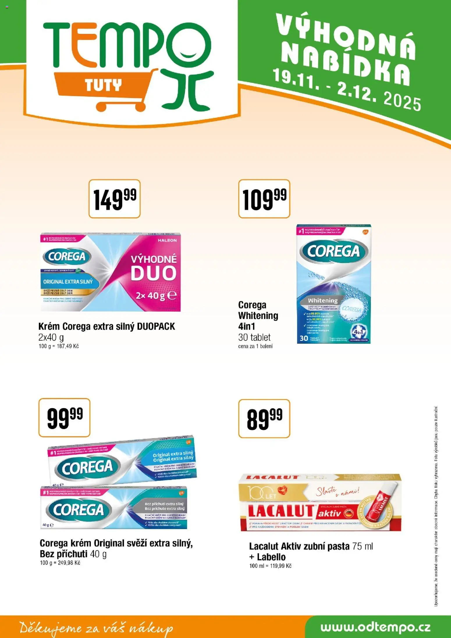 Tempo leták - Tuty od 19.11.2025 | Strana: 17 | Produkty: Corega, Krém, Tablet, Lacalut Aktiv