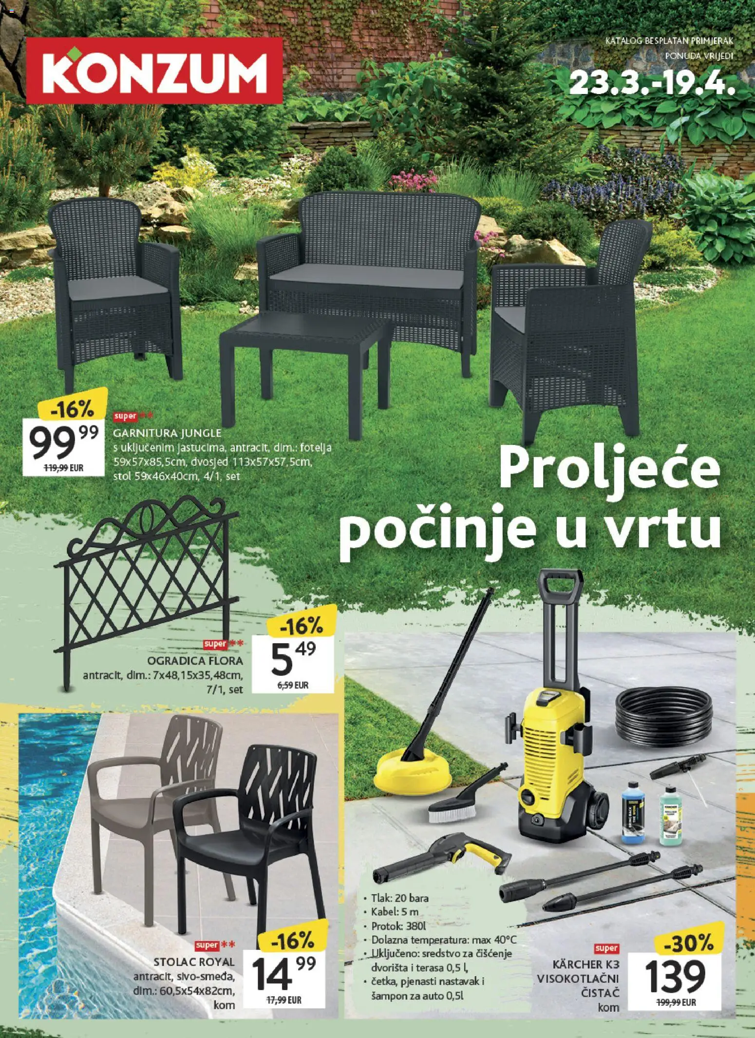 Konzum katalog | vrijedi od 23.03.2026 | Stranica: 1 | Proizvodi: Stol, Šampon, Dvosjed, Kärcher