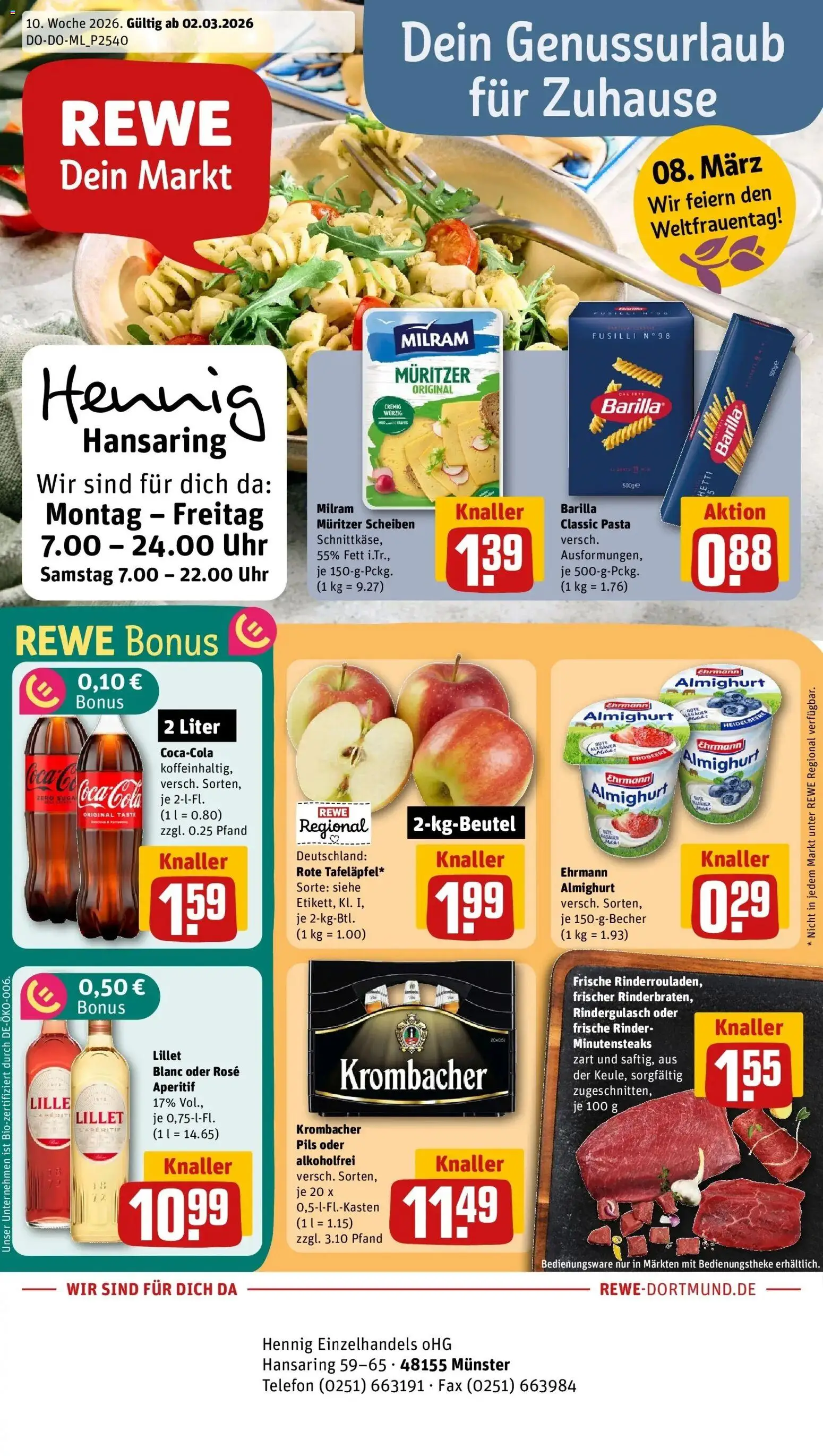 Rewe Prospekt Münster	 – gültig ab 02.03.2026 | Seite: 1 | Produkte: Ehrmann almighurt, Milram, Krombacher, Pasta