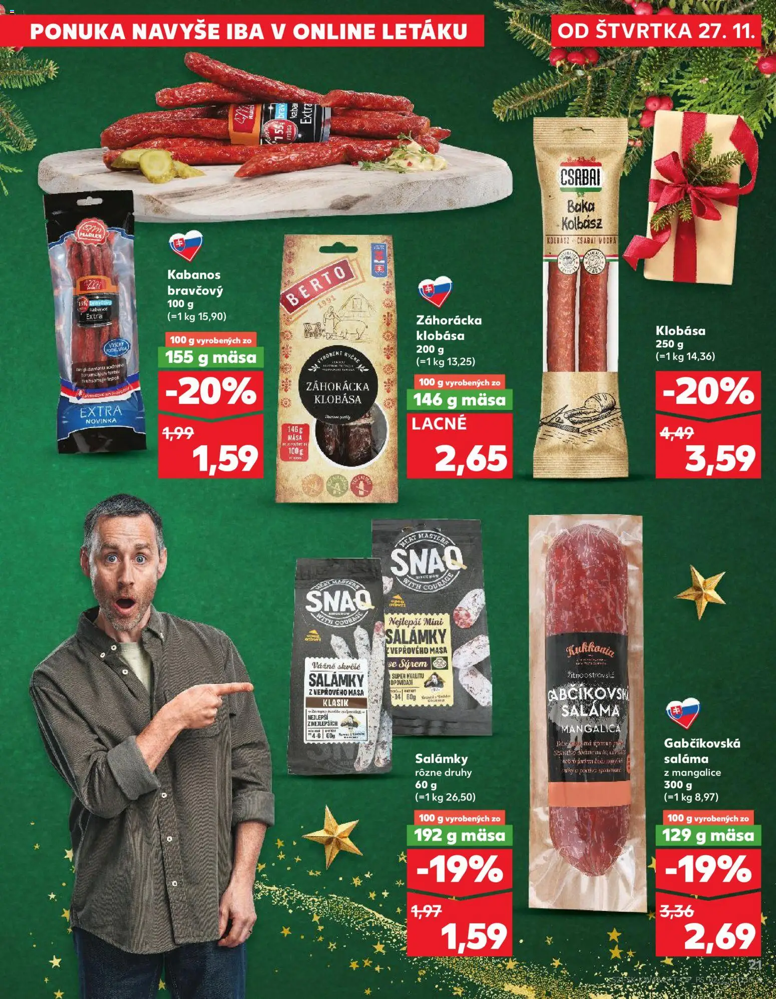 Nové Kaufland akcie – leták je platný od 27.11.2025 | Strana: 21 | Produkty: Saláma, Klobása