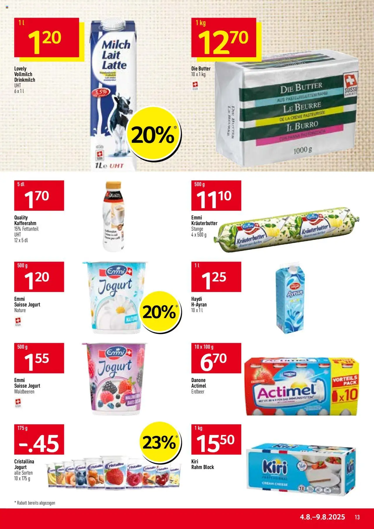Prodega Aktionen ab 04.08.2025 | Seite: 13 | Produkte: Actimel, Kräuterbutter, Milch, Butter