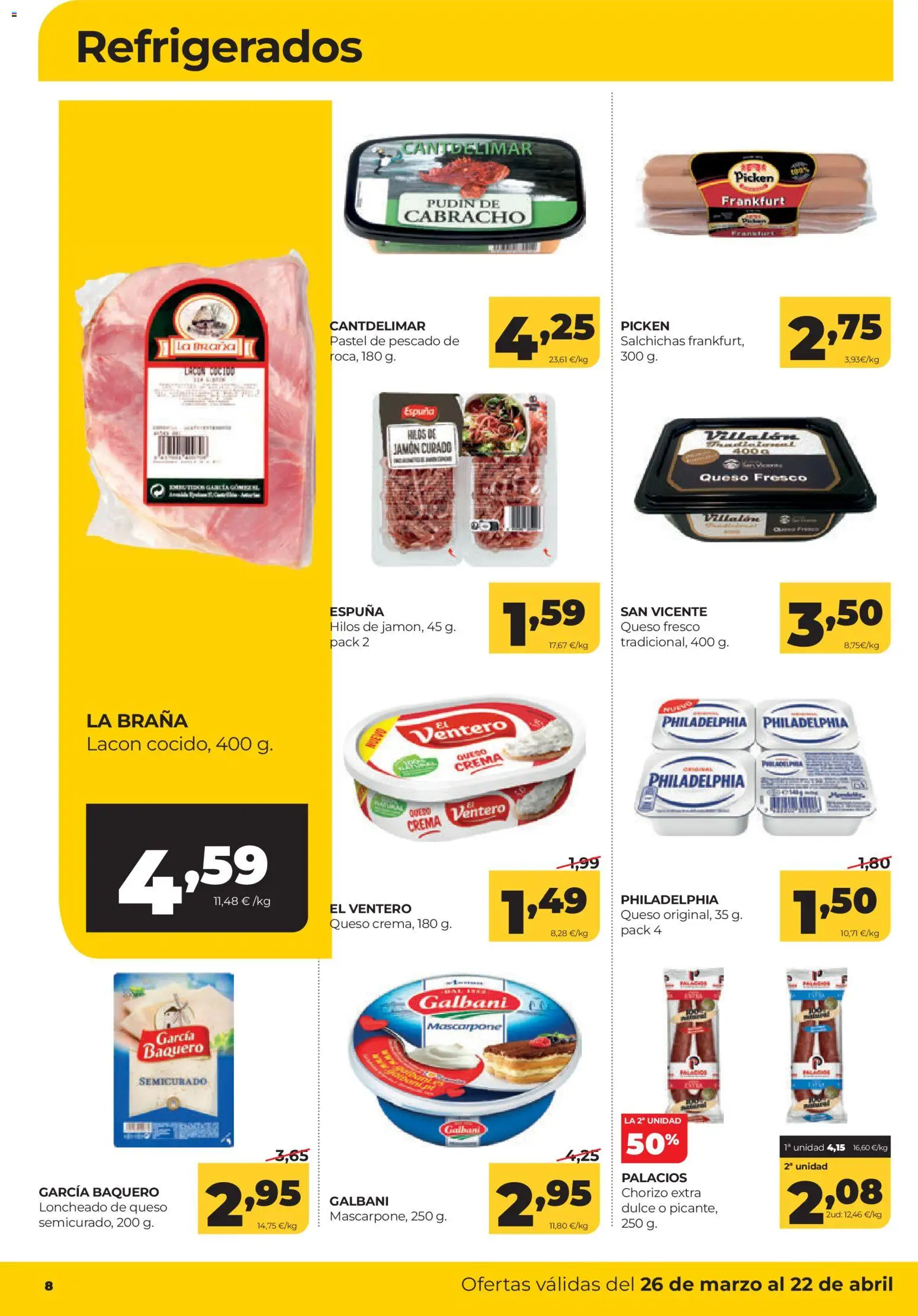 Alimerka Mensual del 26 de marzo al 22 de abril Castilla y León │ válido desde el 26.03.2026 | Página: 8 | Productos: Jamón, Queso fresco, Pescado, Crema