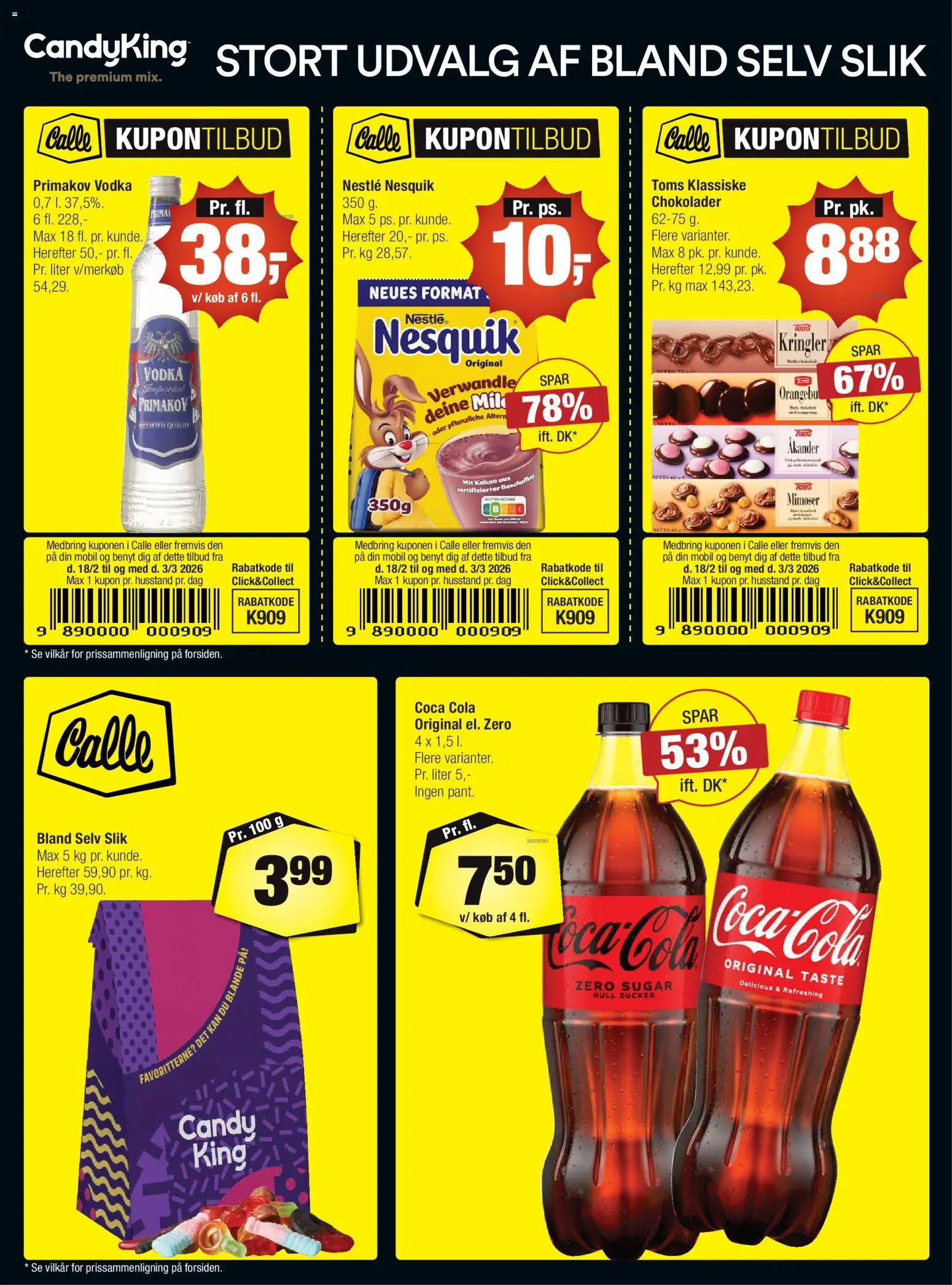 Calle tilbudsavis – gyldig fra 18.02.2026 | Side: 1 | Produkter: Coca Cola, Slik, Kakao, Cola