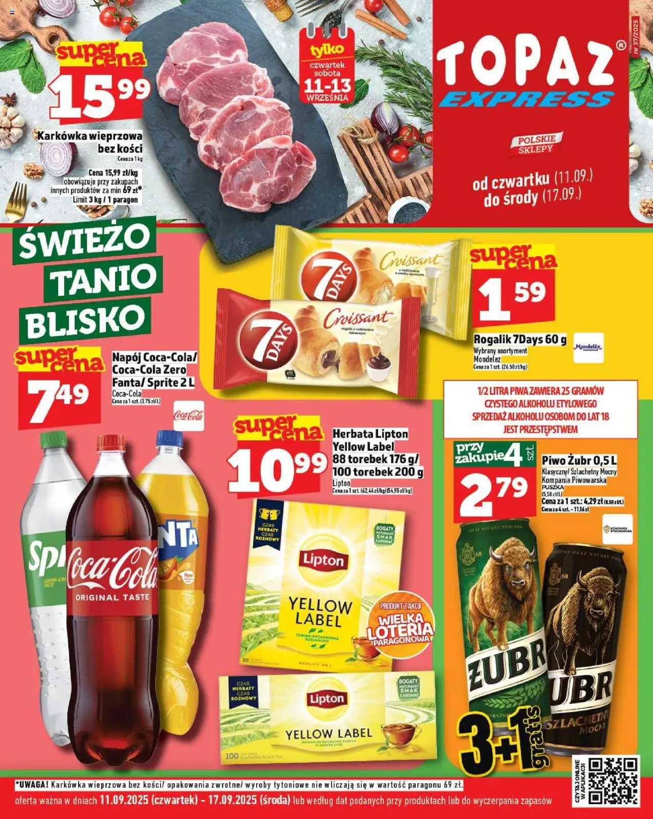 Topaz Gazetka - Express od 11.09.2025 | Strona: 1 | Produkty: Piwo żubr, Karkówka, Karkówka wieprzowa, Herbata