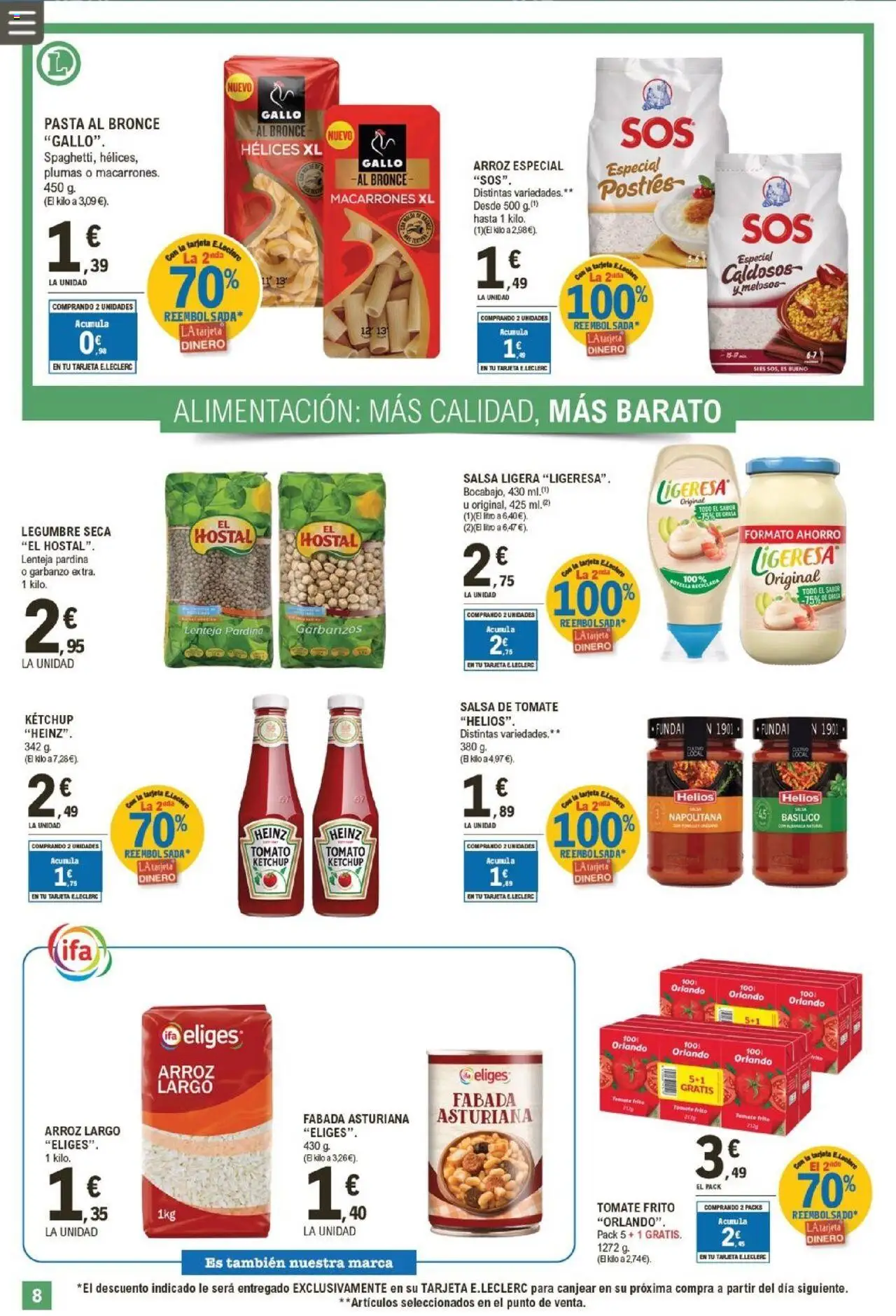 E.Leclerc folleto │ válido desde el 27.08.2025 | Página: 8 | Productos: Arroz, Pasta, Salsa de tomate, Funda