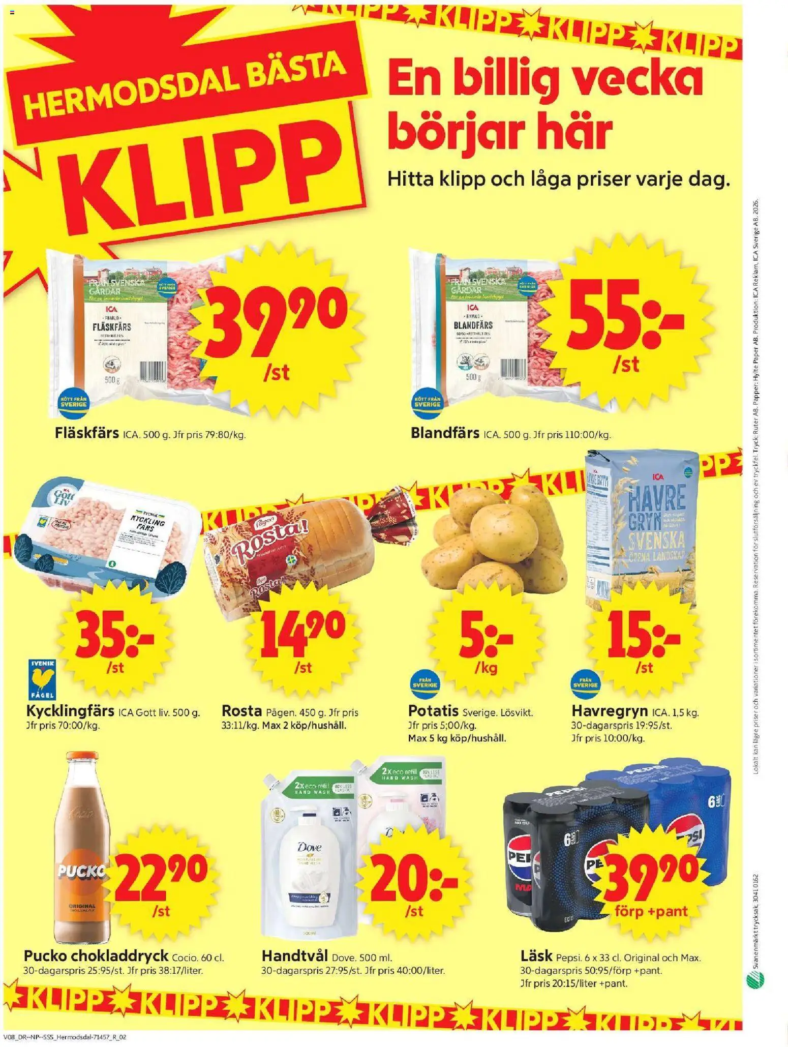 ICA Supermarket reklamblad aktuell från 16.02.2026 | Sida: 10 | Produkter: Blandfärs, Havregryn, Papper, Handtvål