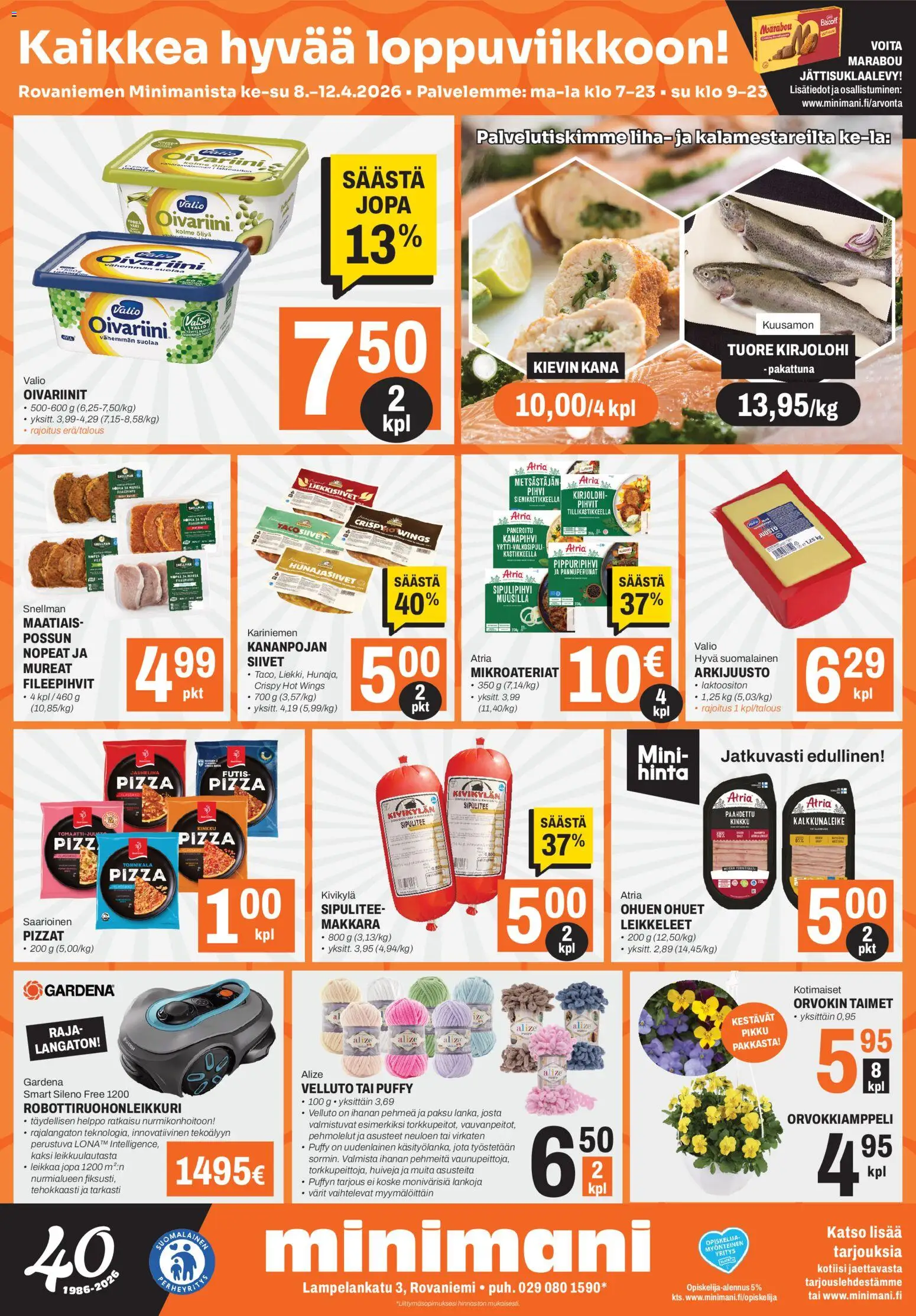 Minimani Tarjoukset - Rovaniemi – voimassa 08.04.2026 alkaen | Sivu: 1 | Tuotteet: Makkara, Pehmolelut, Juusto, Pizza