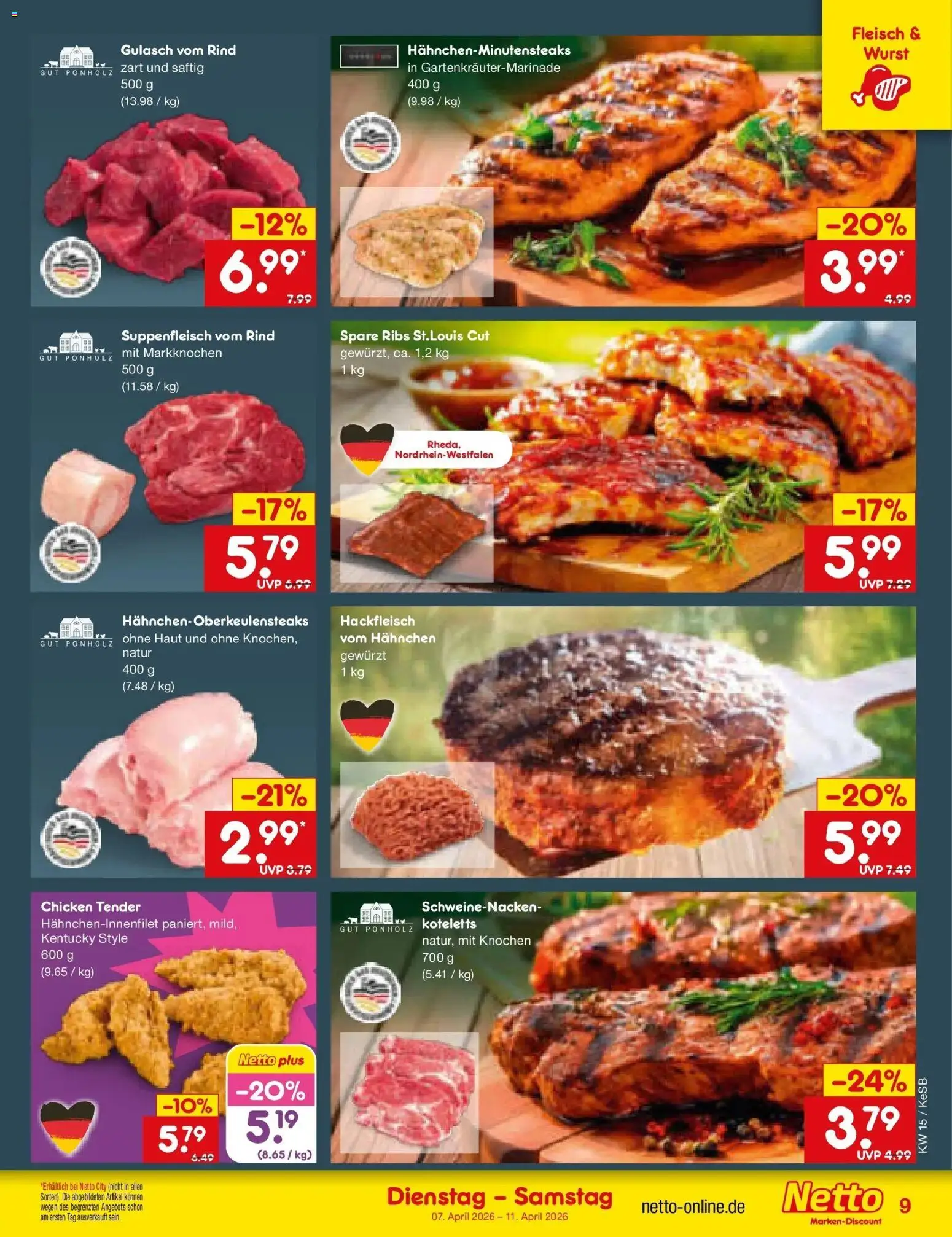 Netto Marken-Discount Prospekt Bonn	 – gültig ab 05.04.2026 | Seite: 11 | Produkte: Hahnchen, Gulasch, Fleisch, Hackfleisch