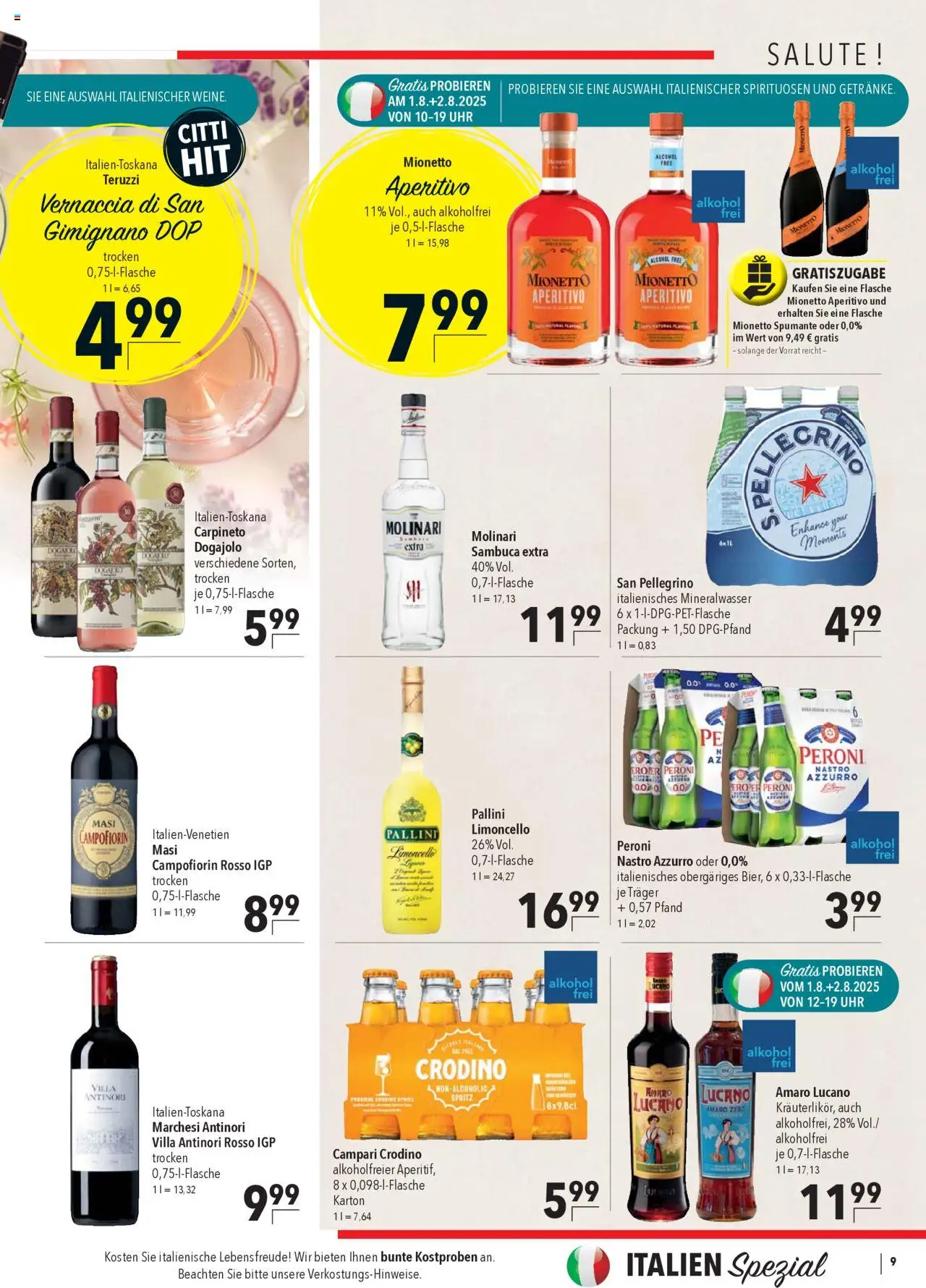 CITTI Markt Prospekt 	 - gültig ab dem 30.07.2025 | Seite: 9 | Produkte: Campari, Mineralwasser, Limoncello, Uhr
