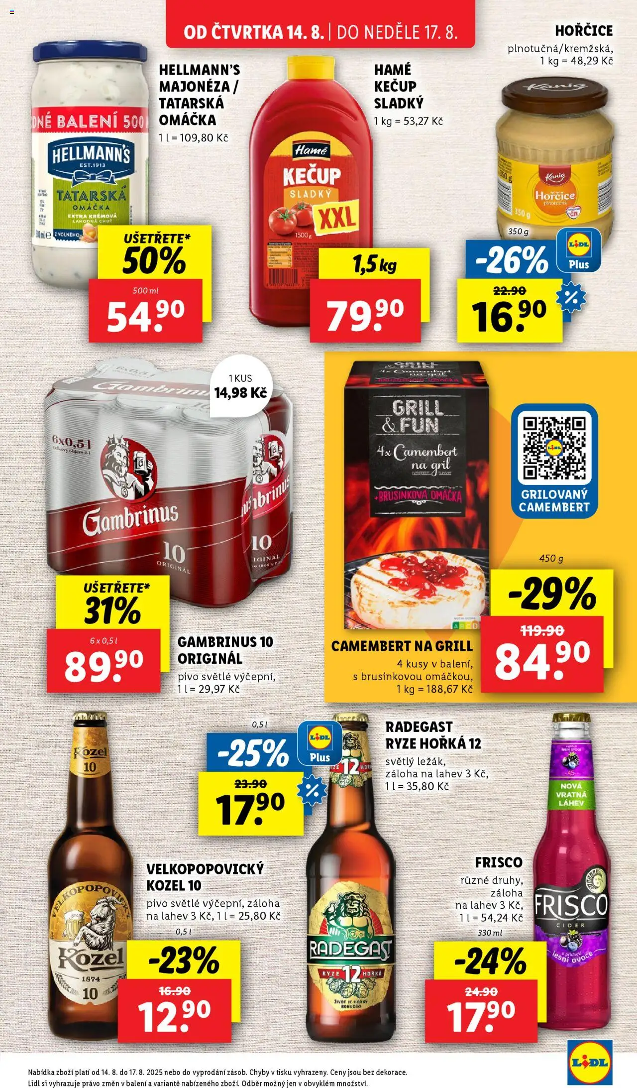 Lidl leták od 14.08.2025 | Strana: 21 | Produkty: Tatarská omáčka, Velkopopovický Kozel 10, Gambrinus 10, Láhev