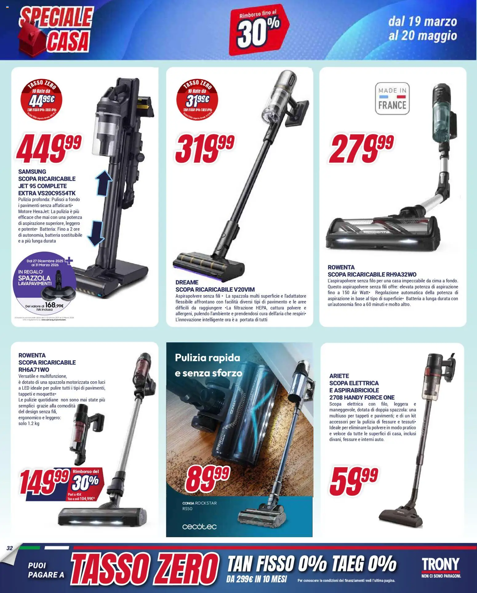 Volantino Trony volantino Speciale Casa Sardegna del 19.03.2026 | Pagina: 4 | Prodotti: Aspirapolvere senza fili, Scopa, Batteria, Samsung