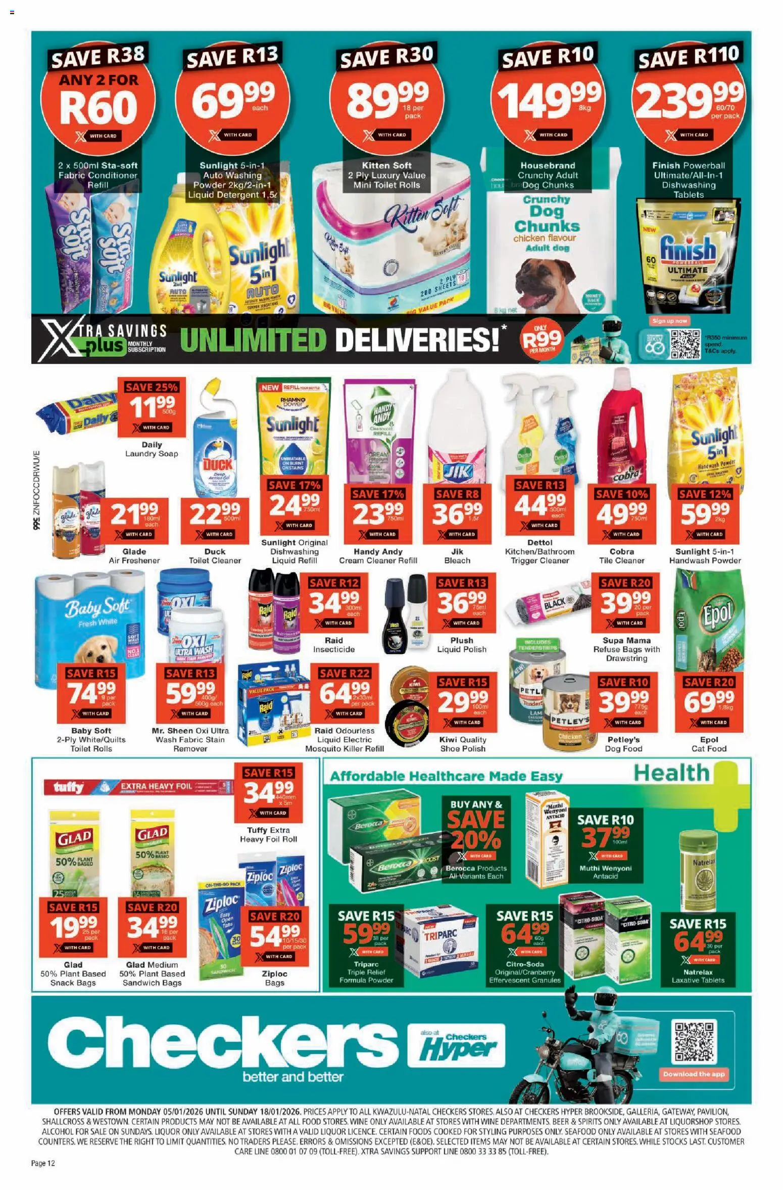 New Checkers catalogue – valid from 05.01.2026 | Page: 12 | Products: Handwash, Detergent, Cat food, Dishwashing liquid