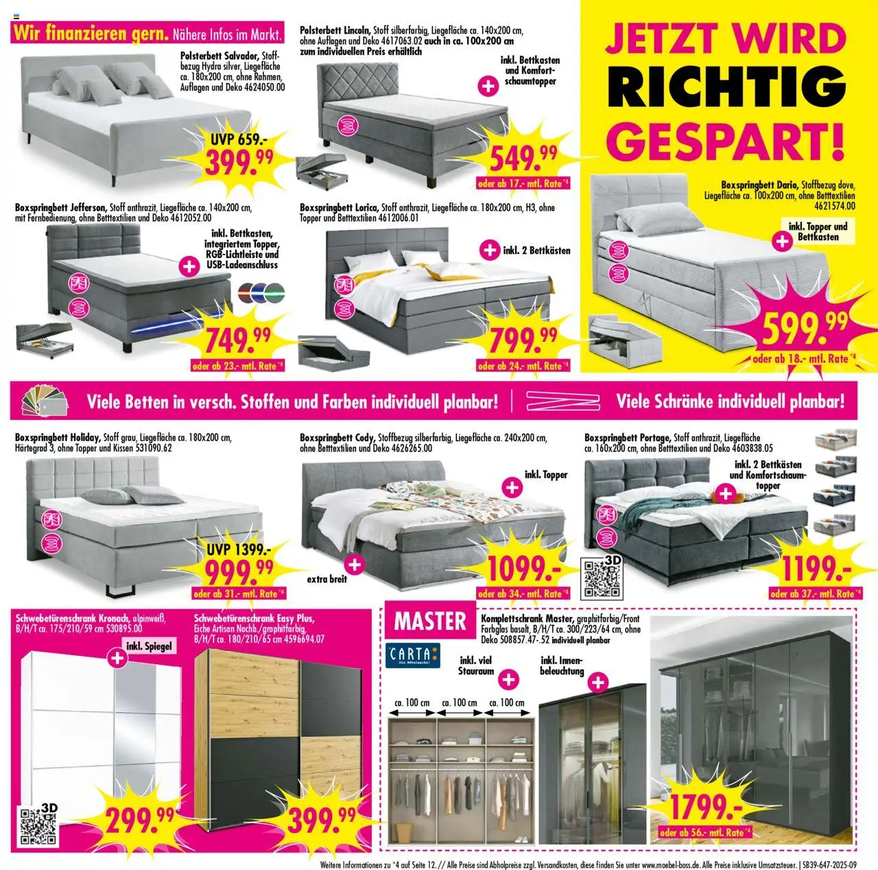 SB Möbel Boss Prospekt Neubrandenburg – gültig ab 20.09.2025 | Seite: 9 | Produkte: Schwebetürenschrank, Polsterbett, Topper, Spiegel