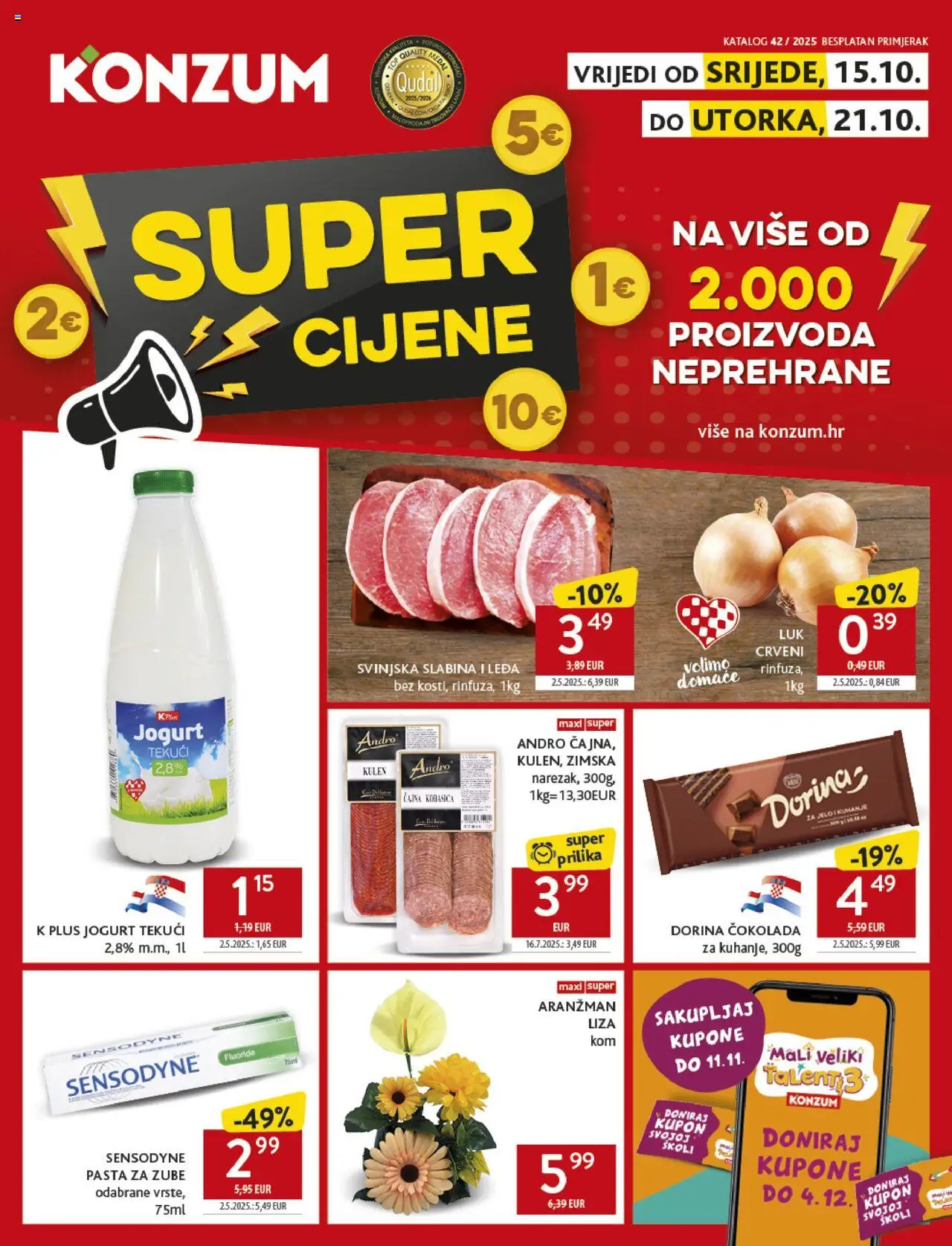 Konzum katalog | vrijedi od 15.10.2025 | Stranica: 1 | Proizvodi: Čokolada, Pasta za zube, Luk, Kulen