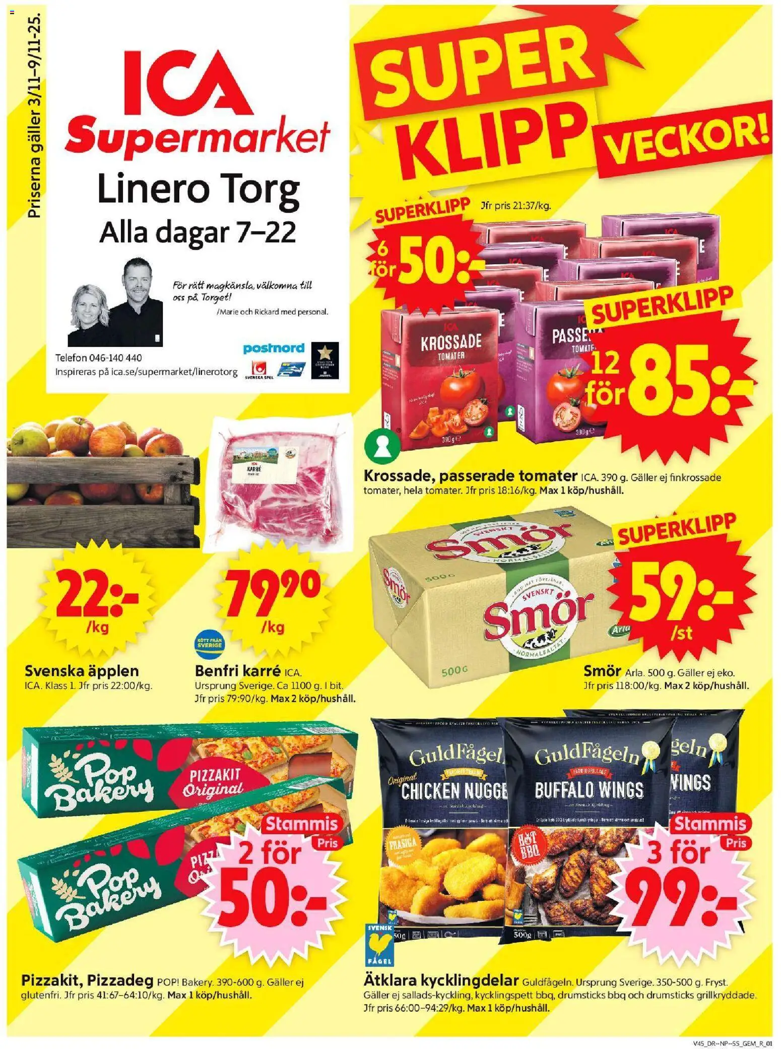 ICA Supermarket reklamblad aktuell från 03.11.2025 | Sida: 1 | Produkter: Pizza, Äpplen, Pizzakit, Telefon