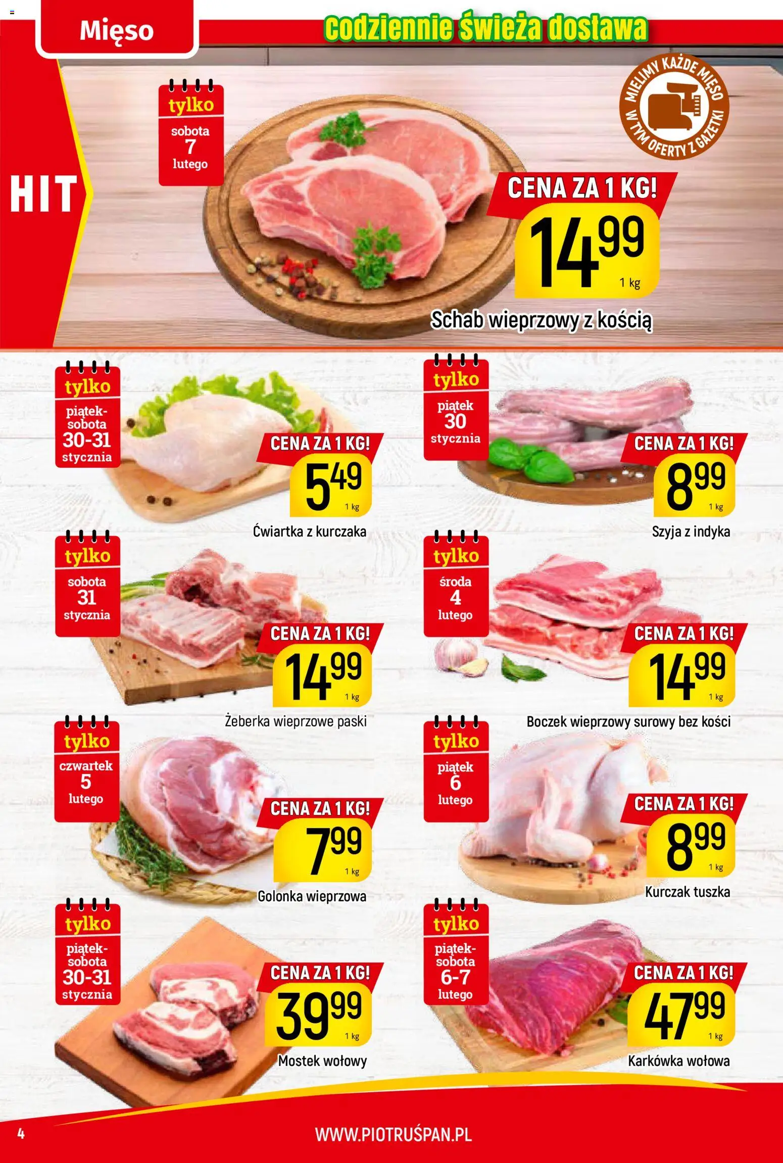 Piotruś Pan Gazetka od 29.01.2026 | Strona: 4 | Produkty: Karkówka, Schab, Mięso, Golonka wieprzowa