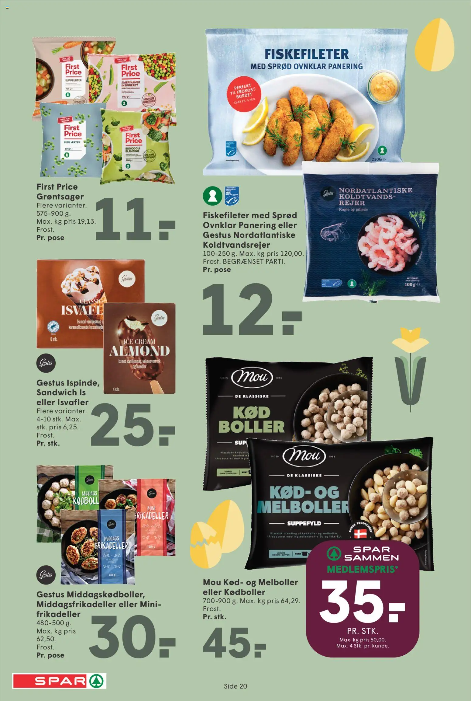 Spar tilbudsavis – gyldig fra 13.03.2026 | Side: 20 | Produkter: Isvafler, Frikadeller, Ærter, Rejer