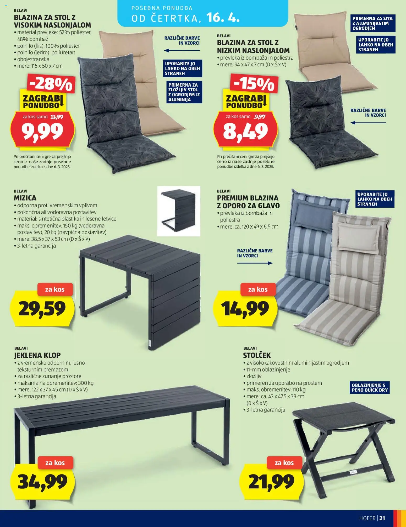 Novi Hofer katalog ponudbe – veljaven od 08.04.2026 | Stran: 21 | Izdelki: Mizica, Blazina, Stol, Kos