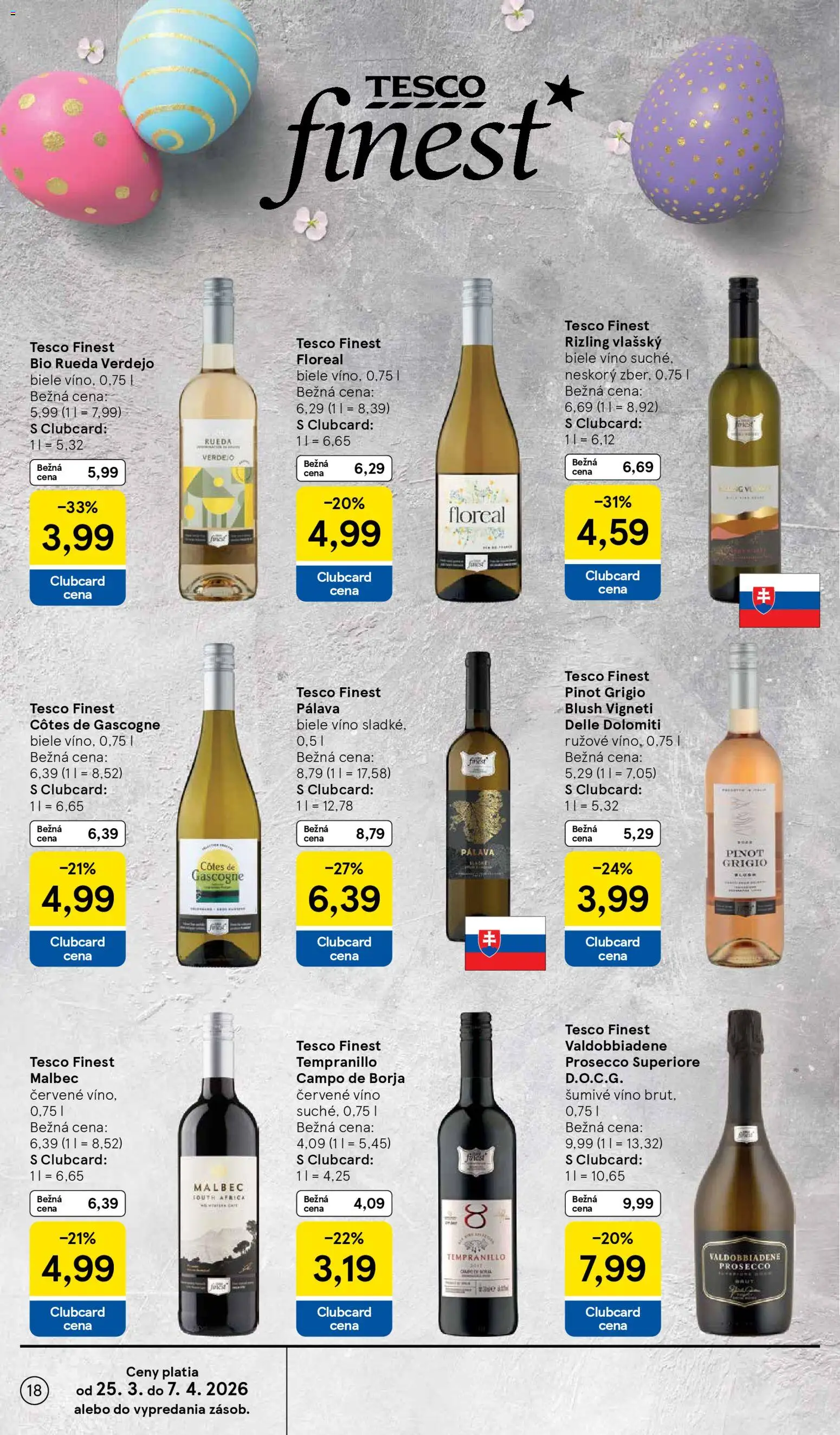 Nové Tesco akcie – leták je platný od 25.03.2026 | Strana: 18 | Produkty: Biele víno, Víno, Červené víno, Šumivé víno