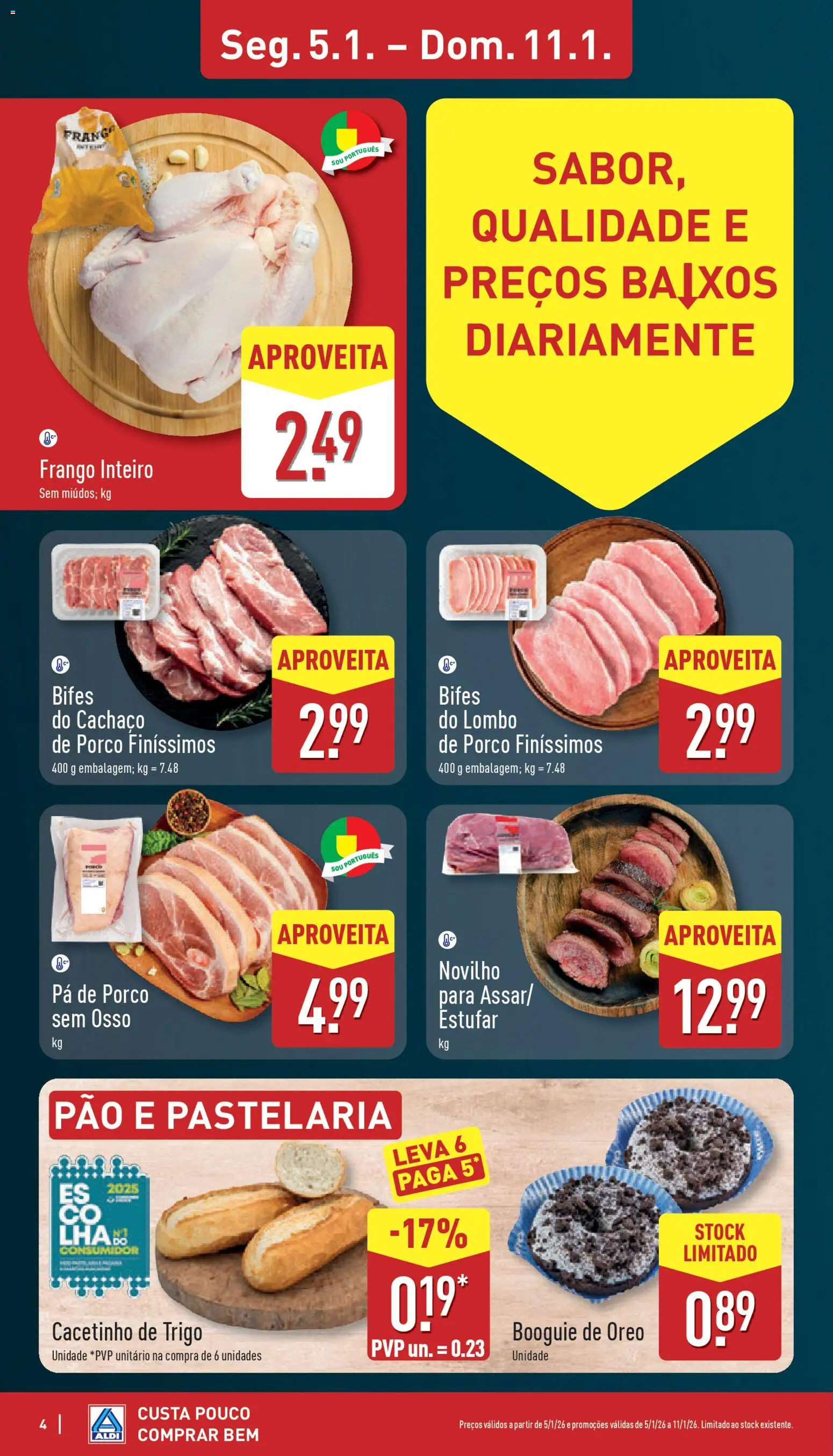 Aldi folheto │ válido de 05.01.2026 | Página: 4 | Produtos: Frango, Lombo, Pão, Pá