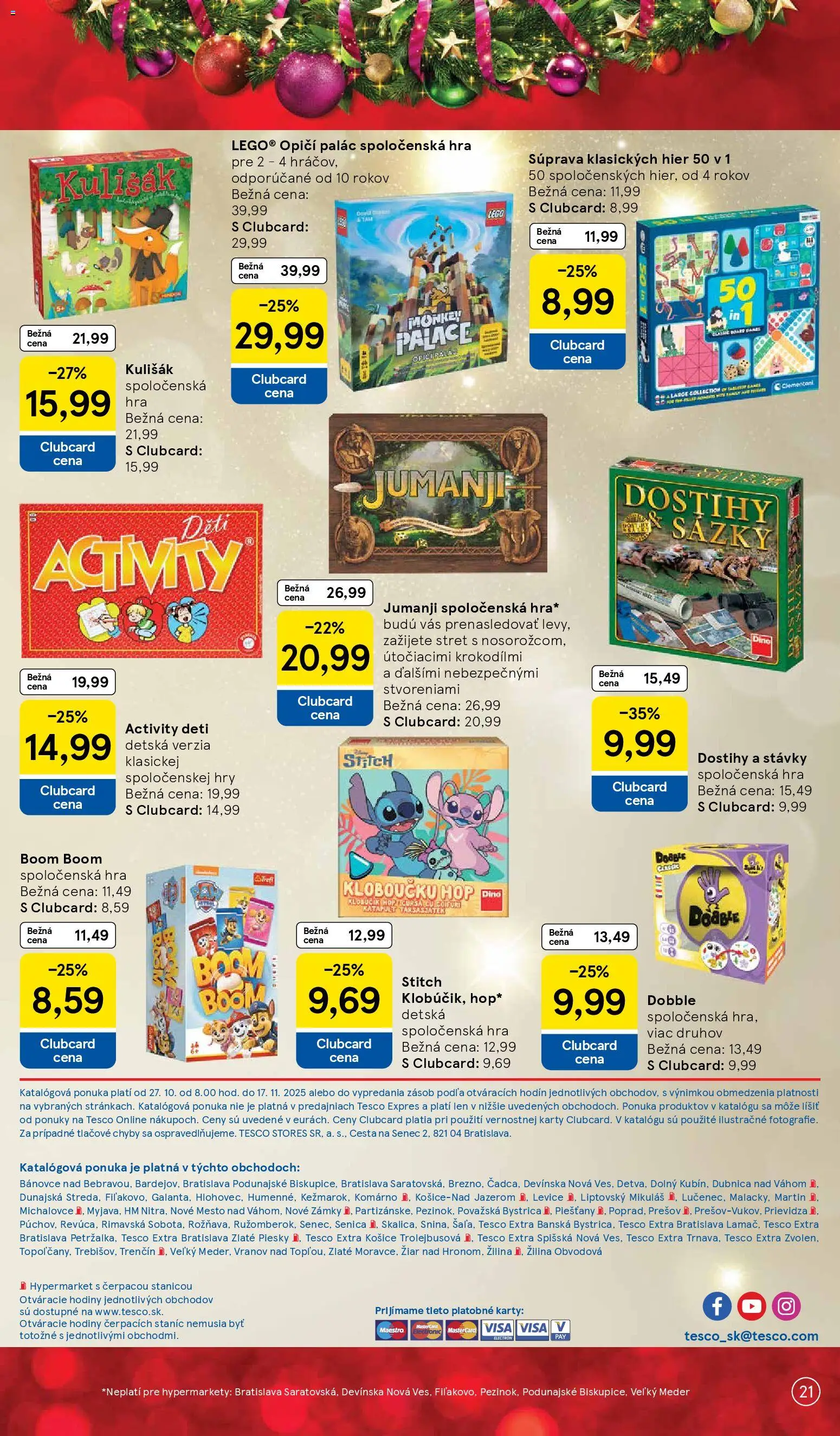 Nové Tesco akcie – leták je platný od 27.10.2025 | Strana: 21 | Produkty: Hodiny, LEGO, Hra
