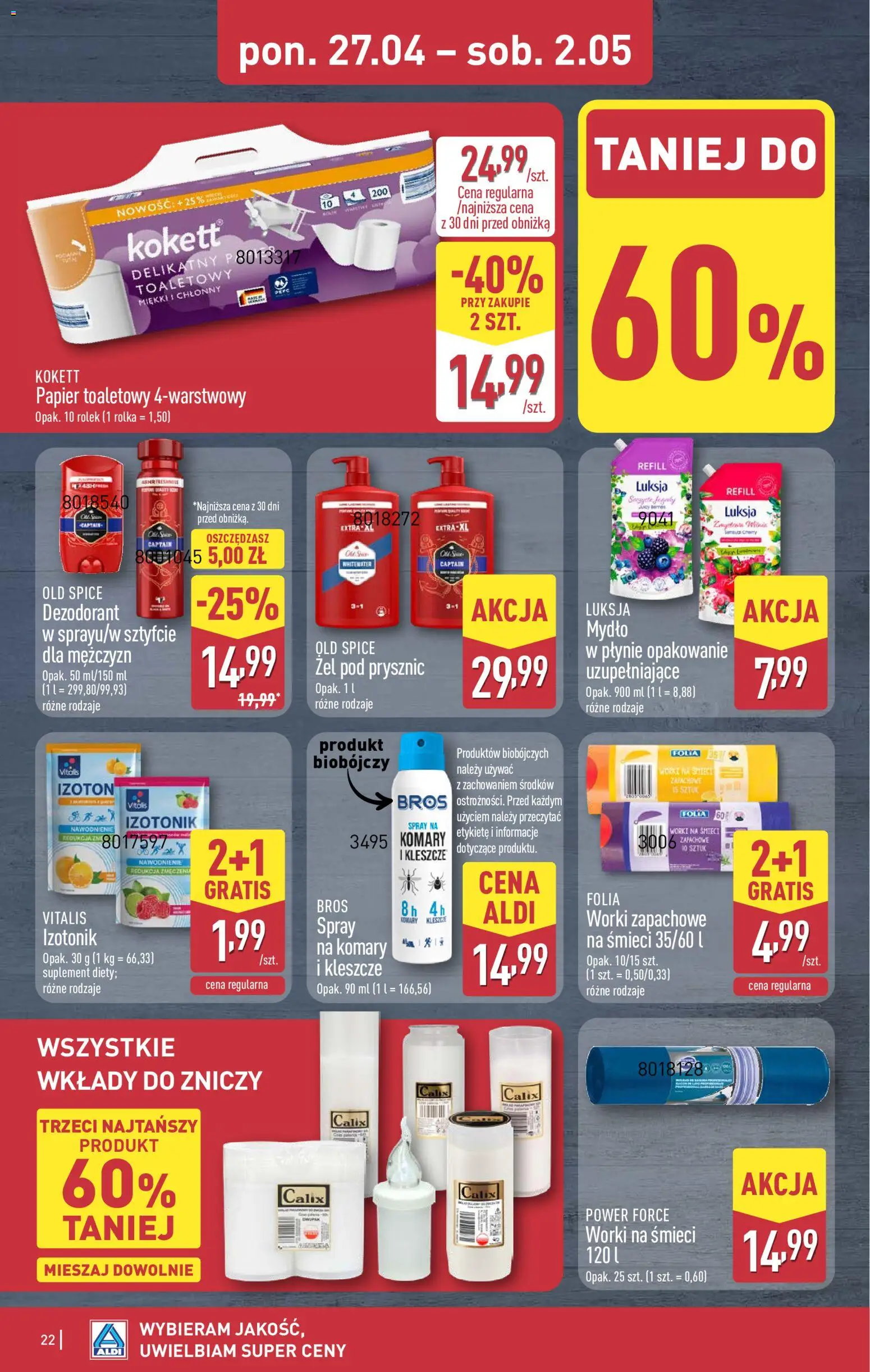 Aldi gazetka od 27.04.2026 | Strona: 22 | Produkty: Wkłady do zniczy, Mydło, Żel pod prysznic, Dezodorant