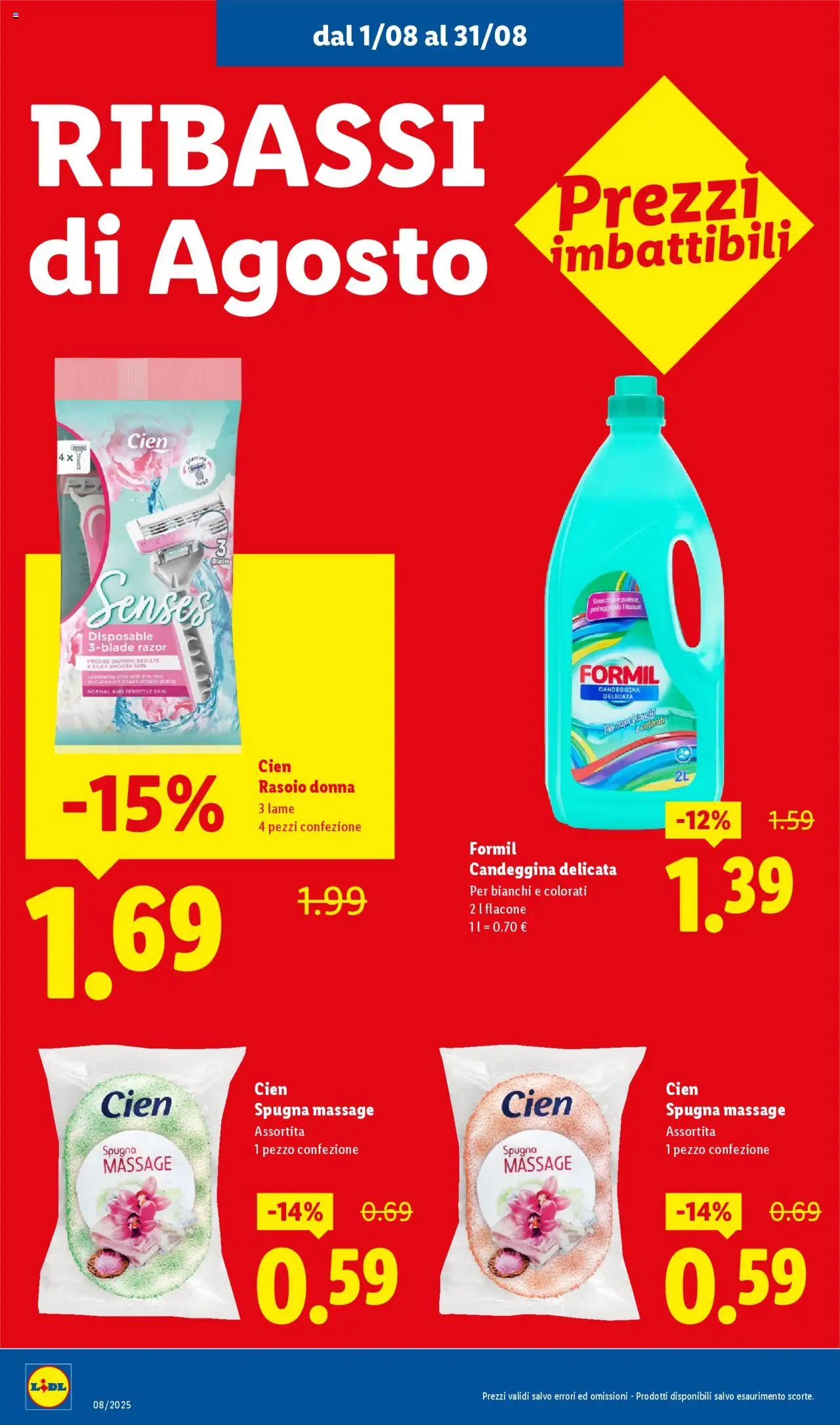 Volantino Lidl del 01.08.2025 | Pagina: 16 | Prodotti: Spugna, Rasoio, Candeggina, Aloe vera