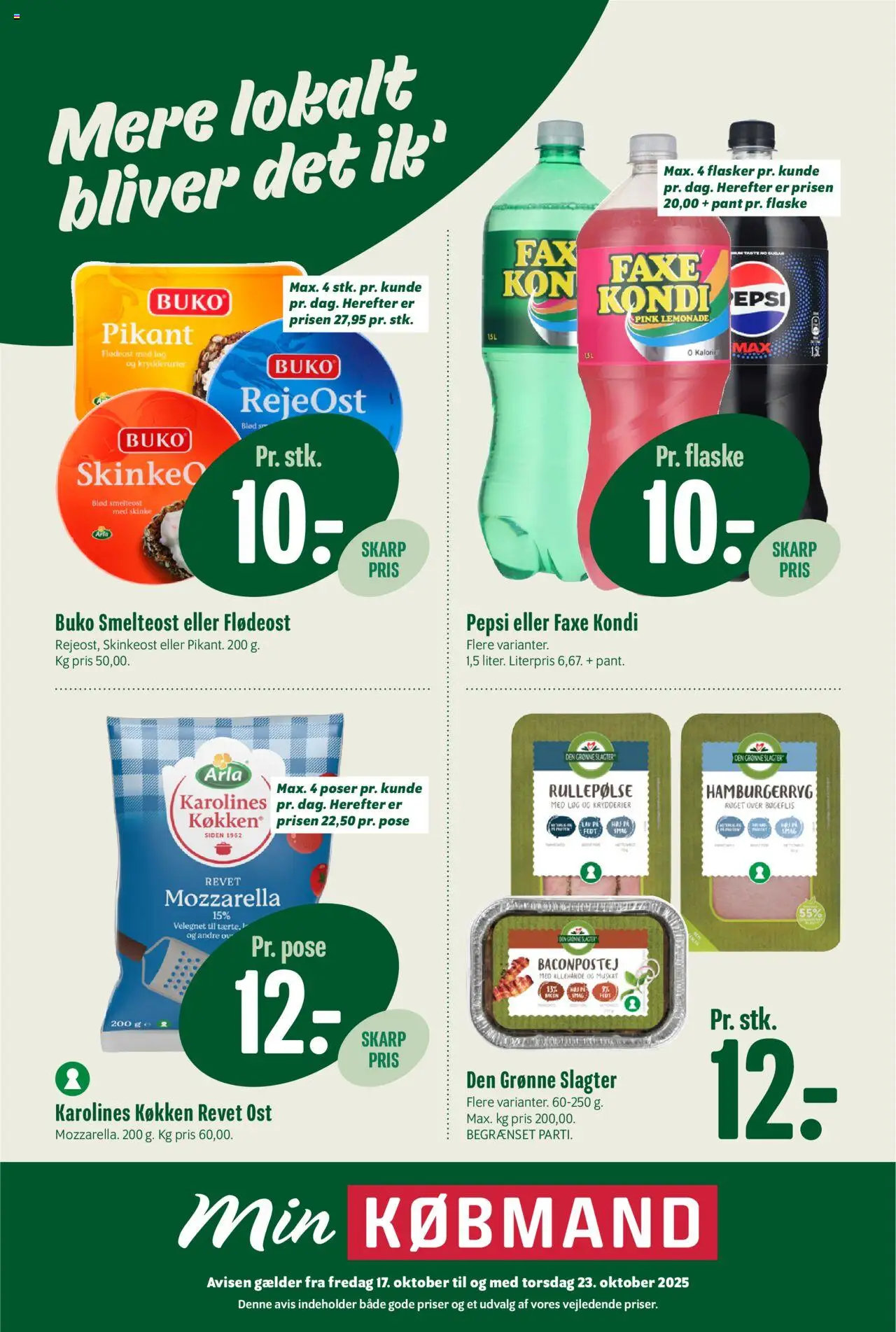 Min Købmand tilbudsavis – gyldig fra 17.10.2025 | Side: 1 | Produkter: Løg, Faxe Kondi, Flødeost, Mozzarella