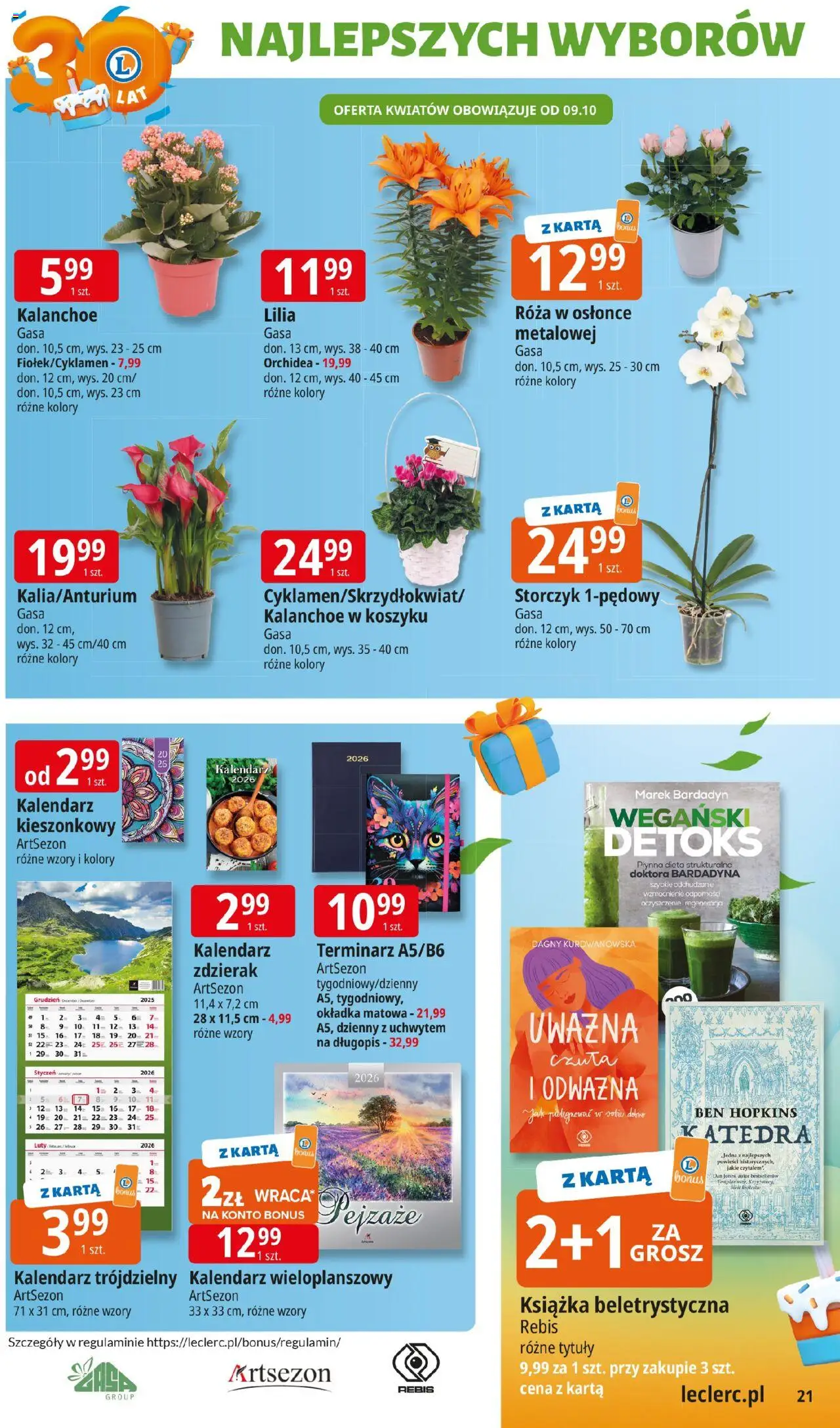 E.Leclerc Gazetka od 06.10.2025 | Strona: 21 | Produkty: Karta, Kalendarz, Kalanchoe, Storczyk