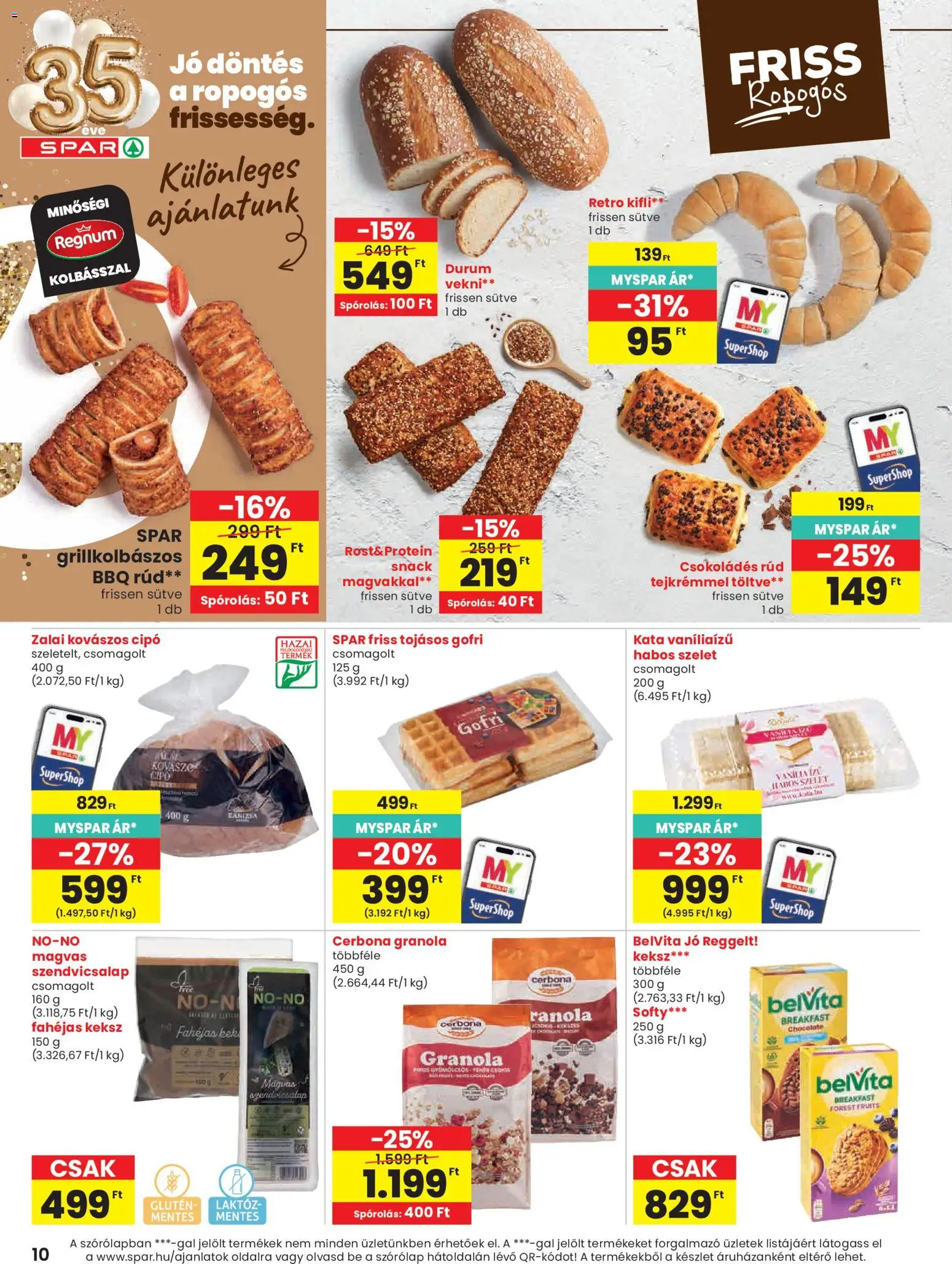 Spar akciós ujság - amely érvényes a következő dátumtól: 23.04.2026 | Oldal: 10 | Termékek: Kovászos cipó, Kifli, Granola, Keksz
