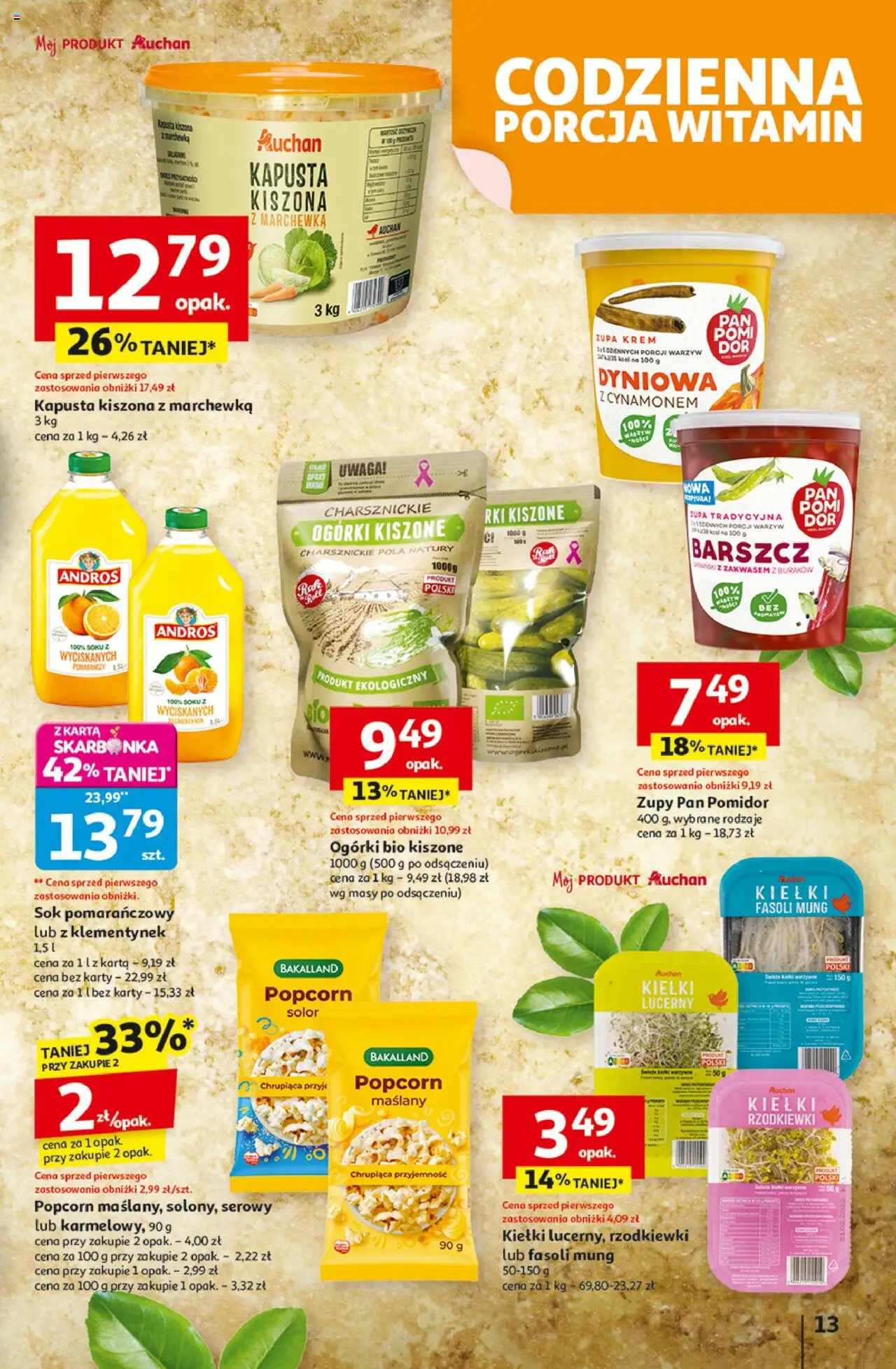 Auchan Gazetka - Wielkie przeboje cenowe Hipermarket od 09.10.2025 | Strona: 13 | Produkty: Kapusta, Karta, Sok pomarańczowy, Ogórki