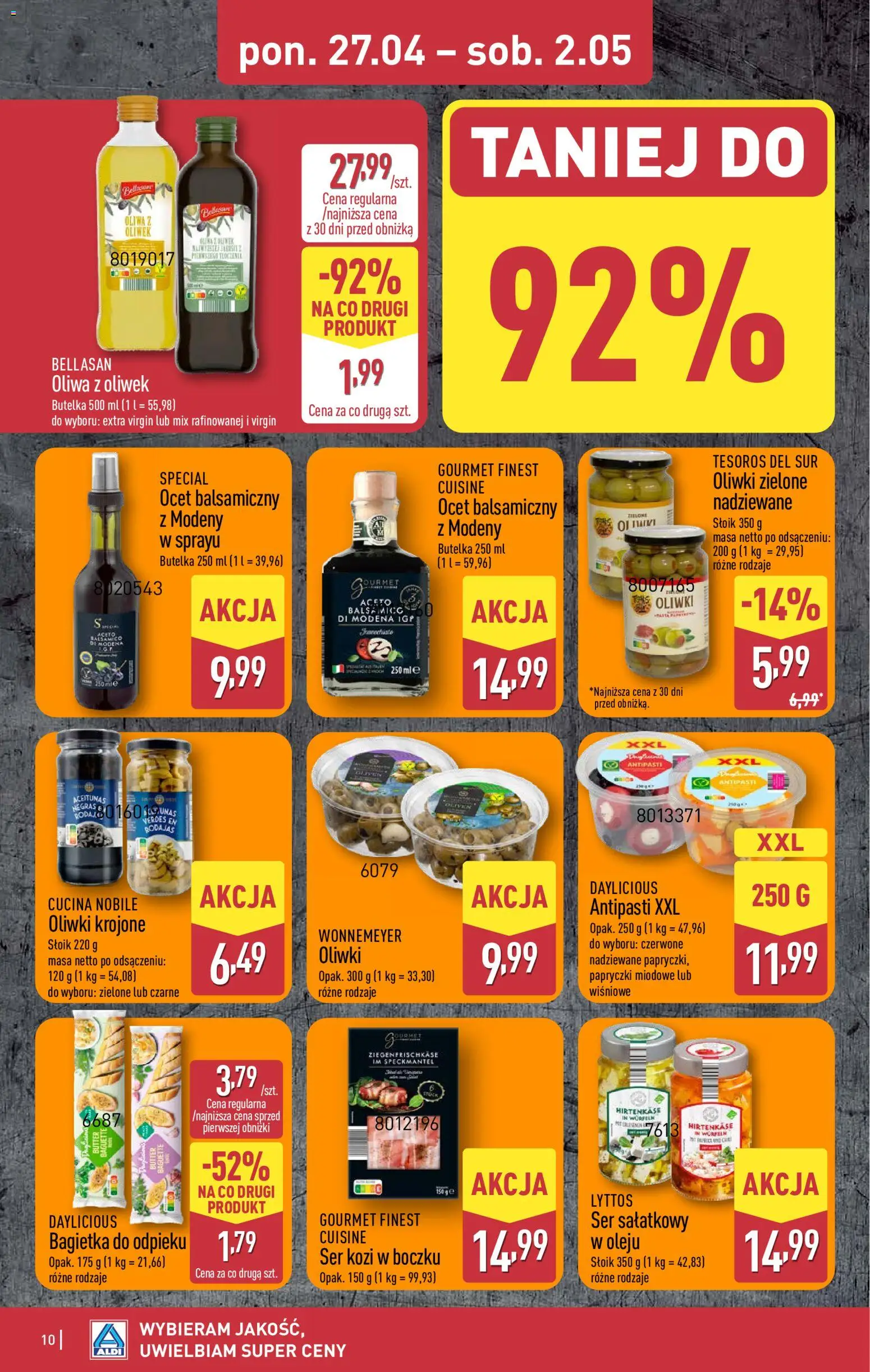 Aldi gazetka od 27.04.2026 | Strona: 10 | Produkty: Ser kozi, Ocet, Bagietka, Ser