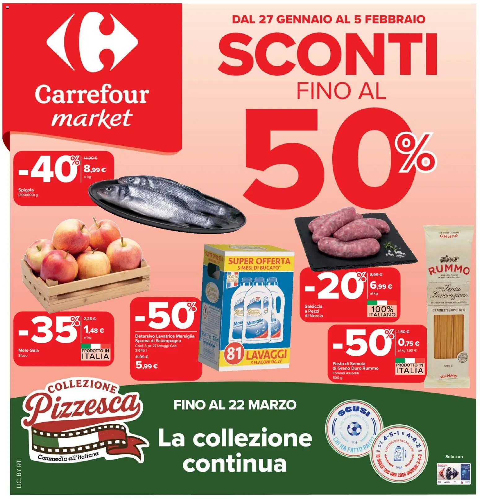Volantino Carrefour del 27.01.2026 | Pagina: 1 | Prodotti: Mele, Salsiccia, Pasta, Spigola