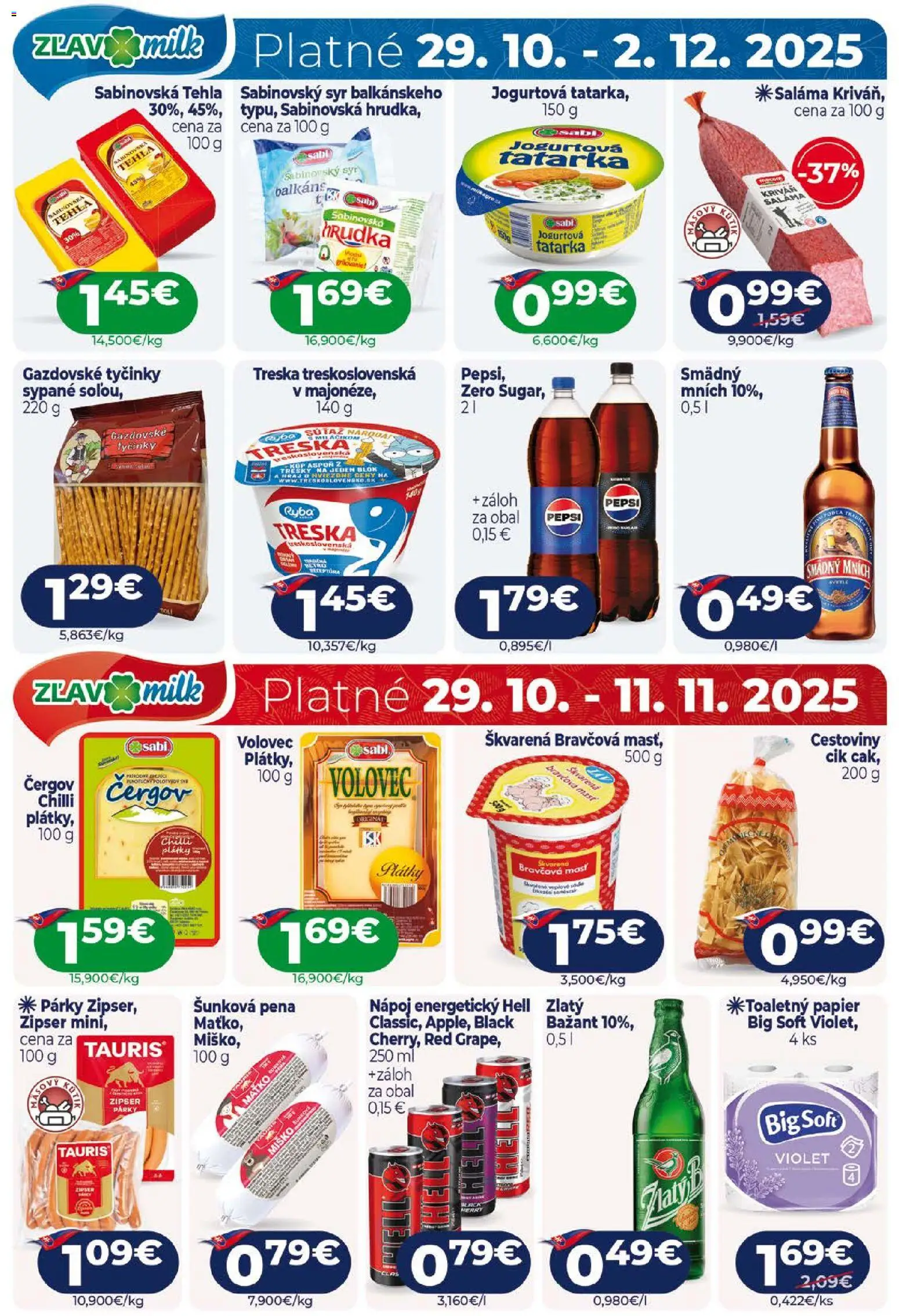 Nové Milk Agro akcie – leták je platný od 29.10.2025 | Strana: 12 | Produkty: Cestoviny, Ryba, Smädný Mních, Párky