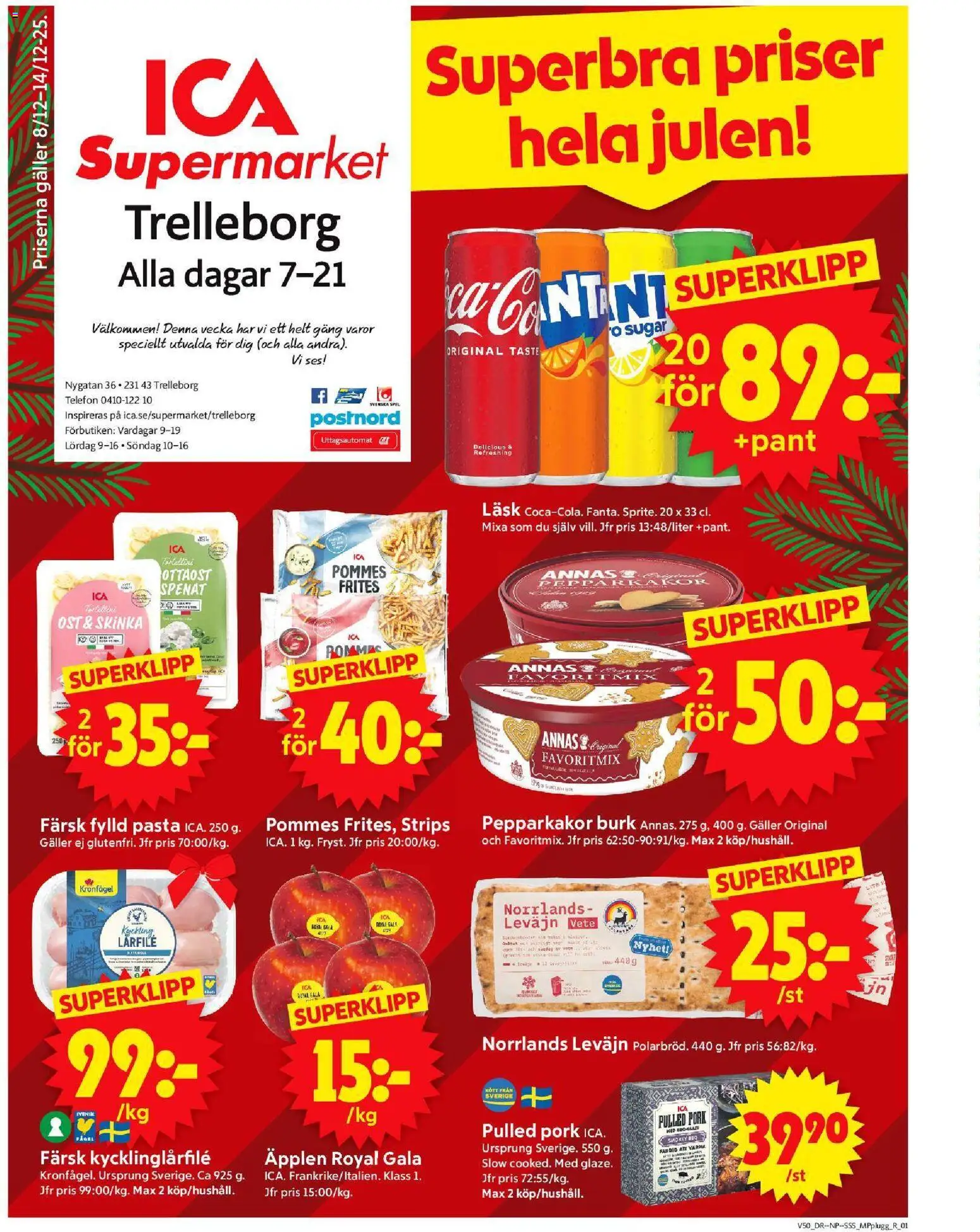 ICA Supermarket reklamblad aktuell från 08.12.2025 | Sida: 1 | Produkter: Skinka, Vin, Äpplen, Telefon