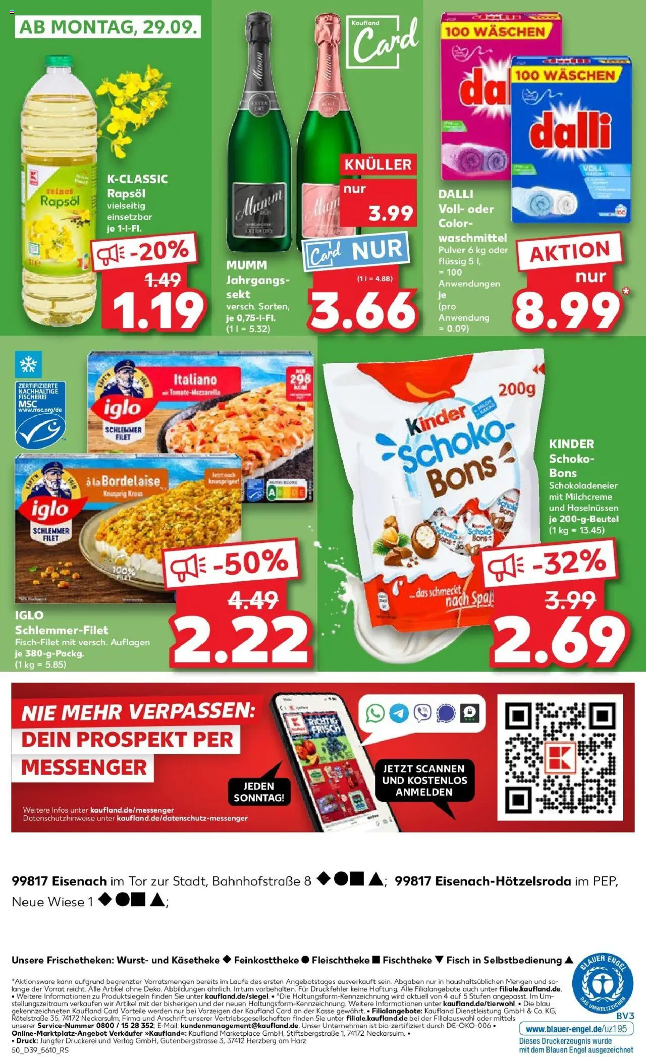 Kaufland prospekt Eisenach	 – gültig ab 25.09.2025 | Seite: 50 | Produkte: Sekt, Waschmittel, Wurst, Iglo schlemmerfilet