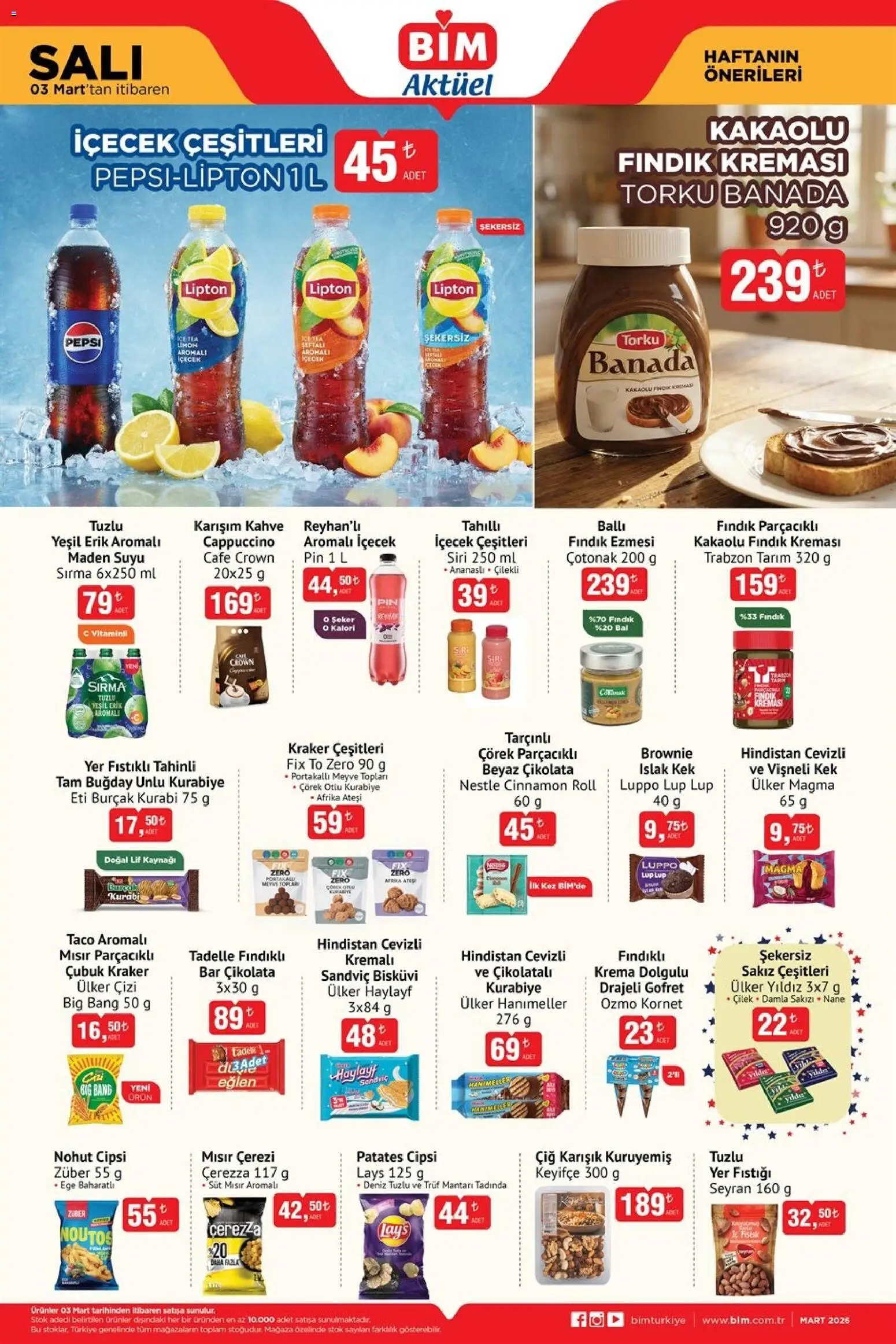 BİM Katalog - 03.03.2026 tarihinden itibaren geçerlidir | Sayfa: 1 | Ürünler: Gofret, Şeker, Meyve, Ice tea