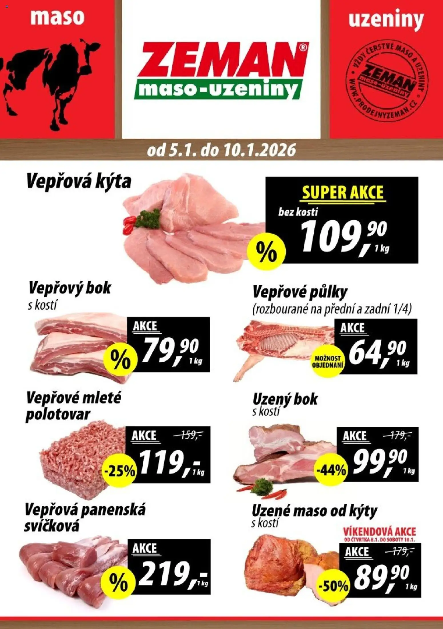 Prodejny Zeman leták - Praha od 05.01.2026 | Strana: 1 | Produkty: Uzené maso, Vepřové půlky, Vepřová Kýta, Kýta